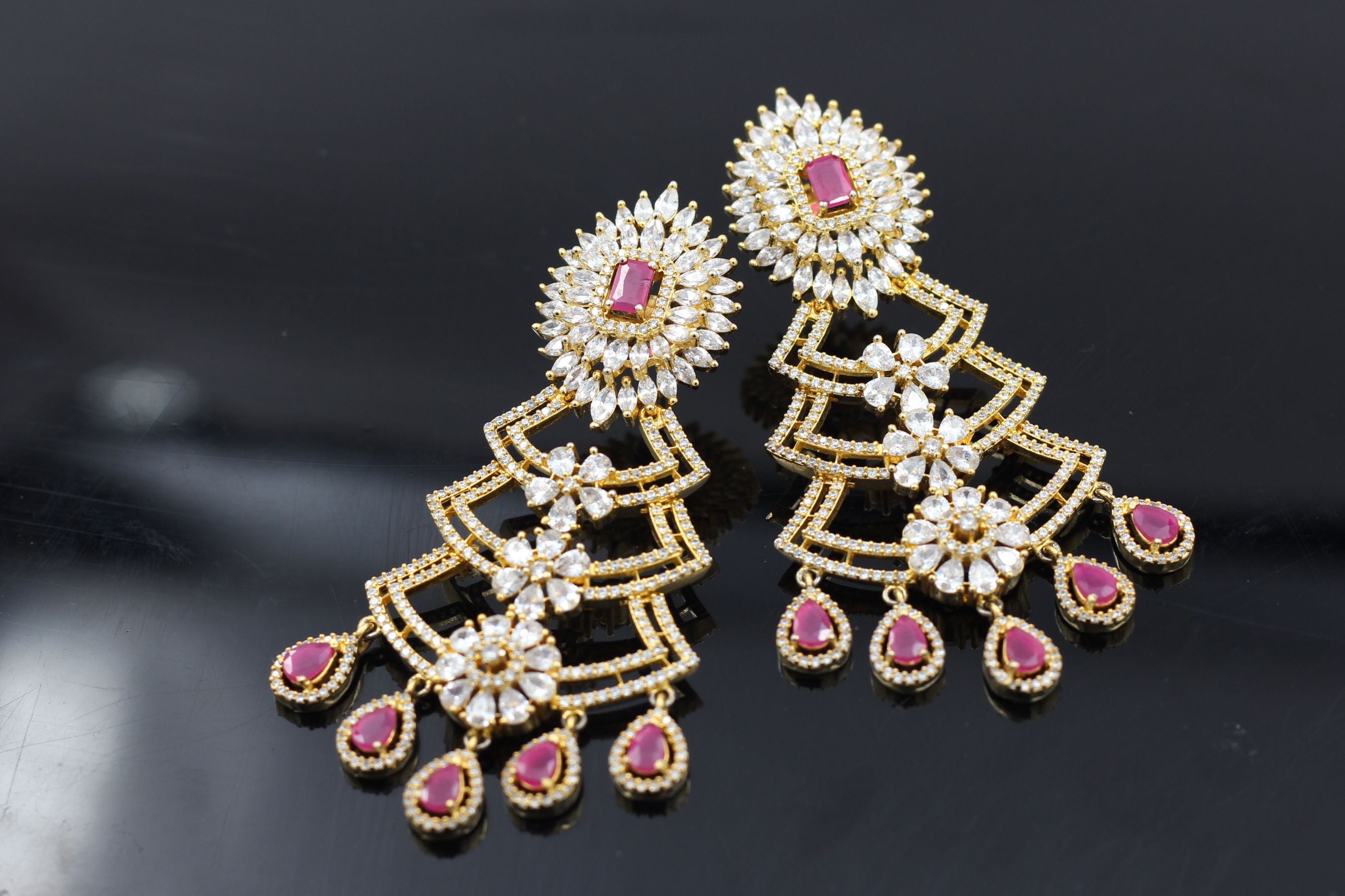 Luxe Pink & White Stone Long Earrings with Gold Polish - JCS Fashions