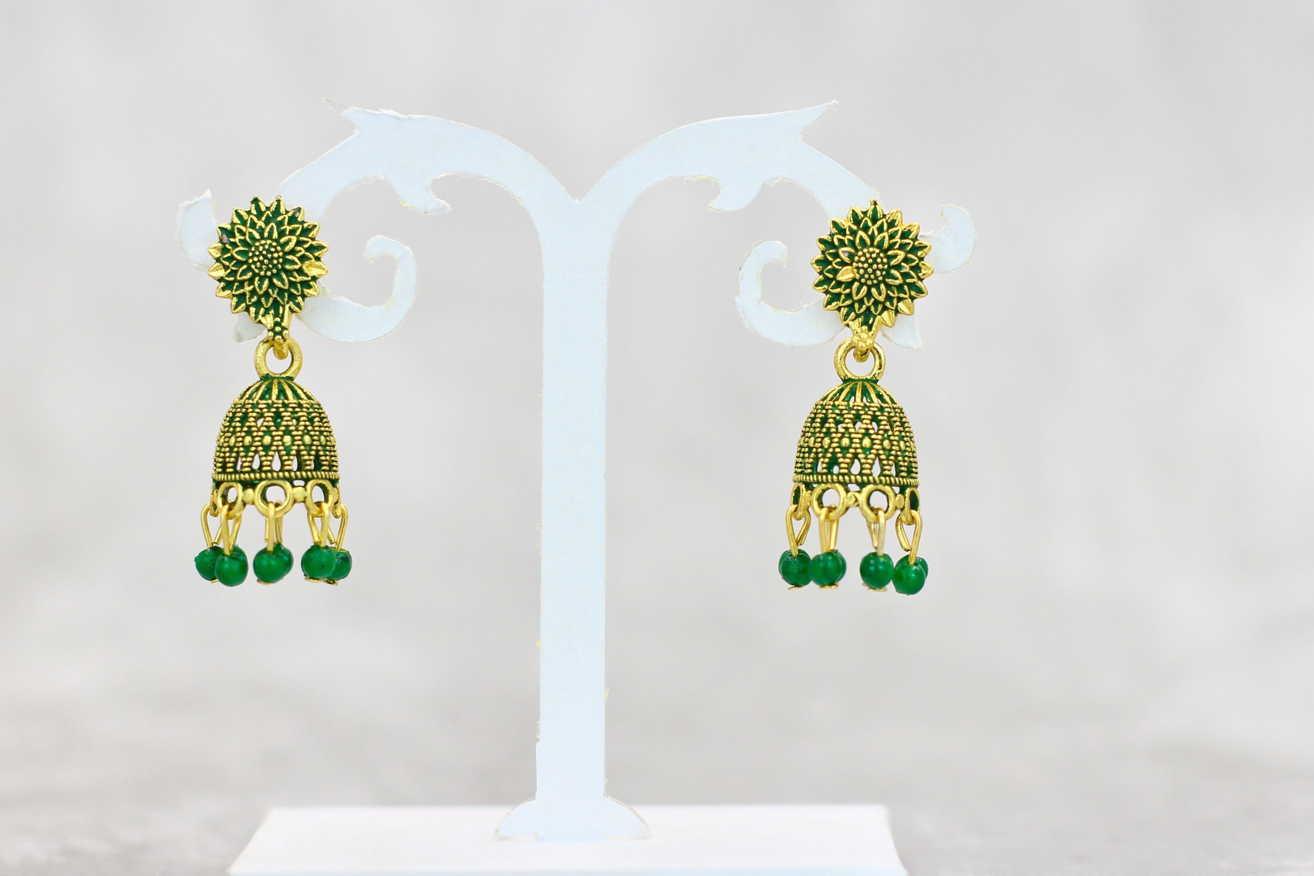 Opulent Gold Plated Jhumkas with Pearls - Durable & Elegant Earrings Jewelry JCS Fashions Green 1.3 inch