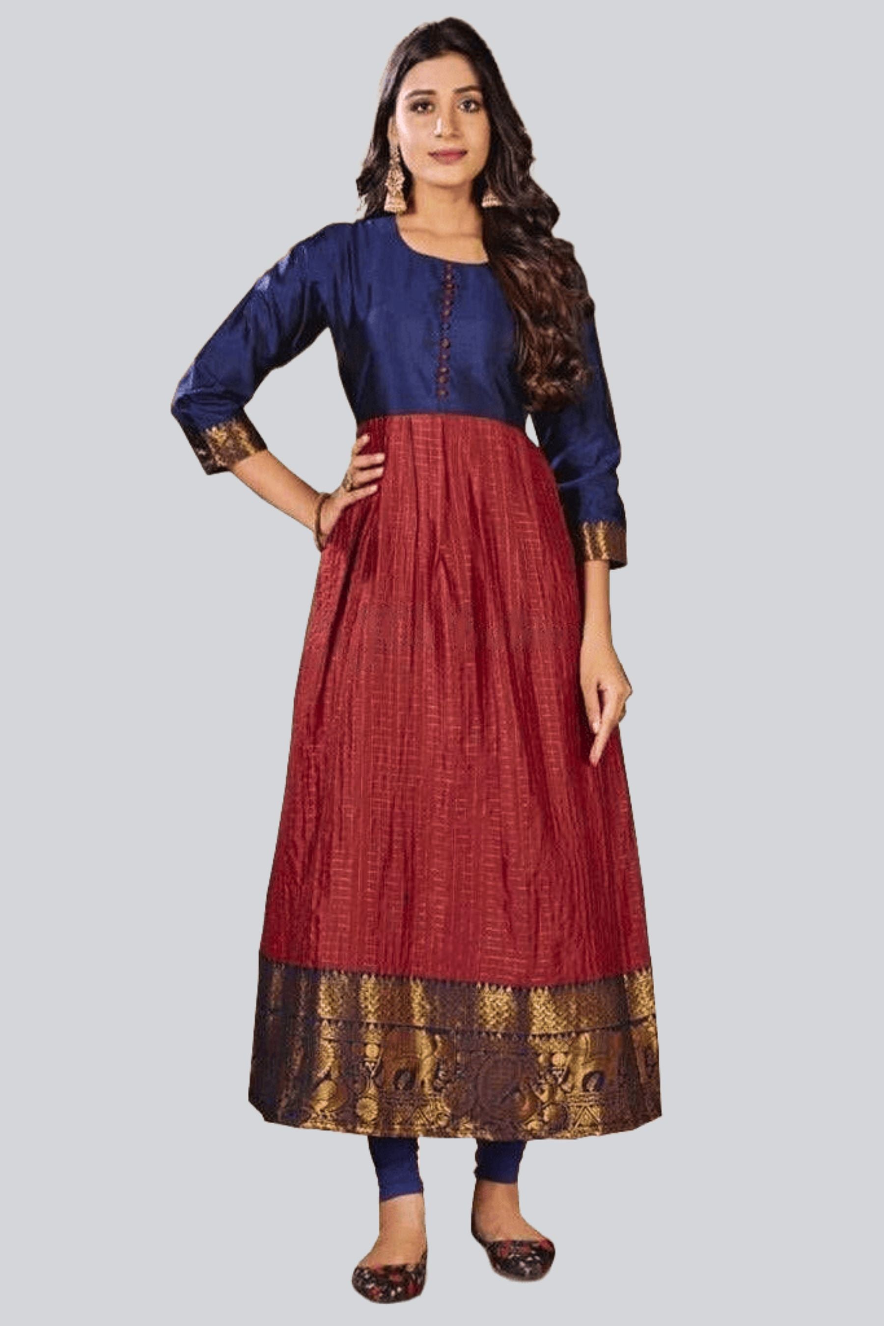 Silk Weaving Kurti with Jacquard Border with Modern Twist Kurti JCS Fashions Blue & Red Medium (38)