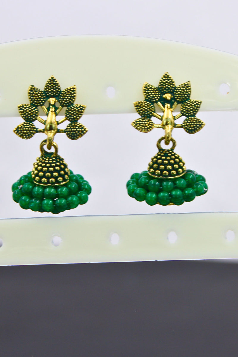 Gold-Plated Oxidised Jhumka Earrings with Faux Pearls & Meenakari Accent