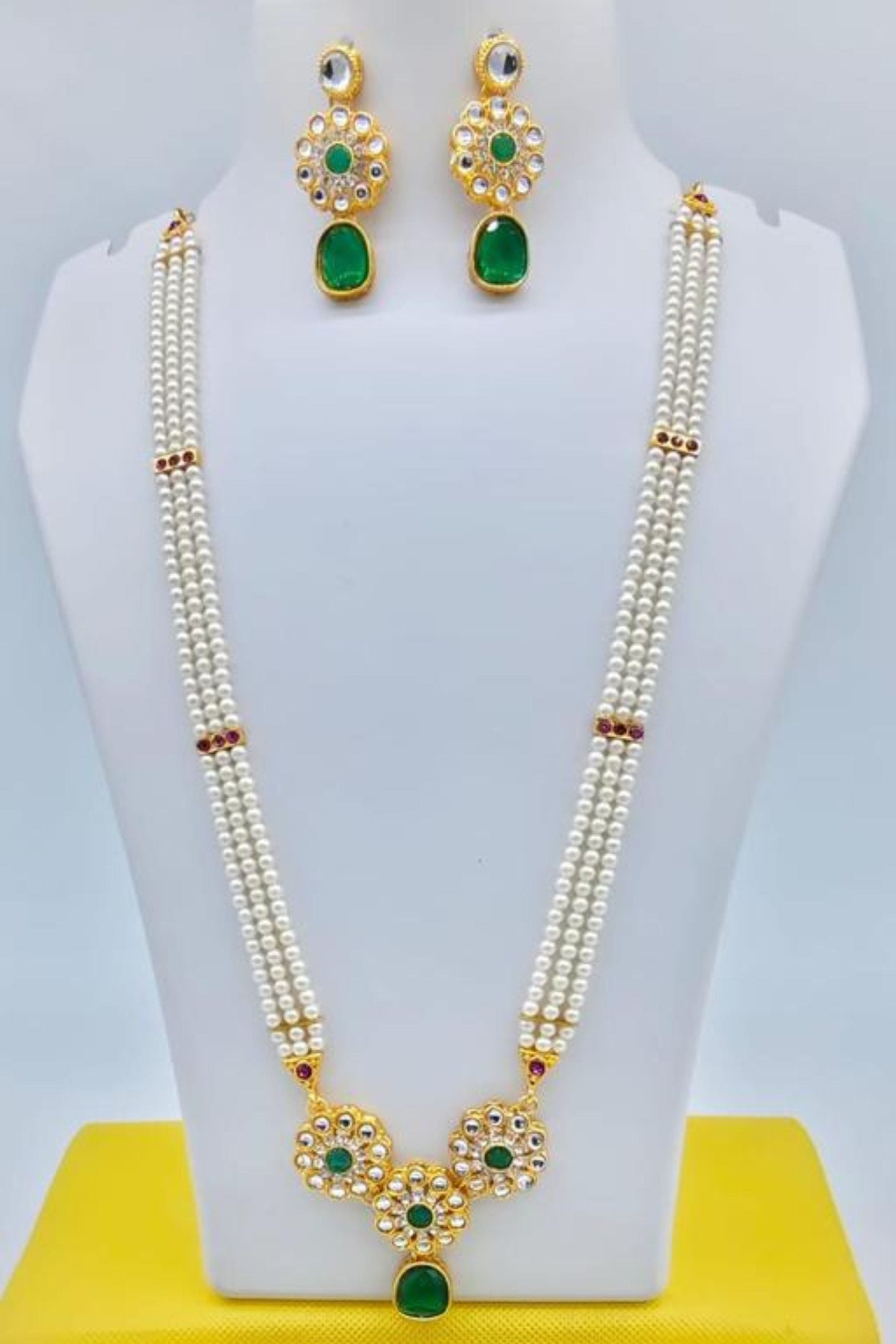 Regal Long Kundan Mala Set with American Diamonds in Gold Plating Jewelry JCS Fashions Green 14.5 inch