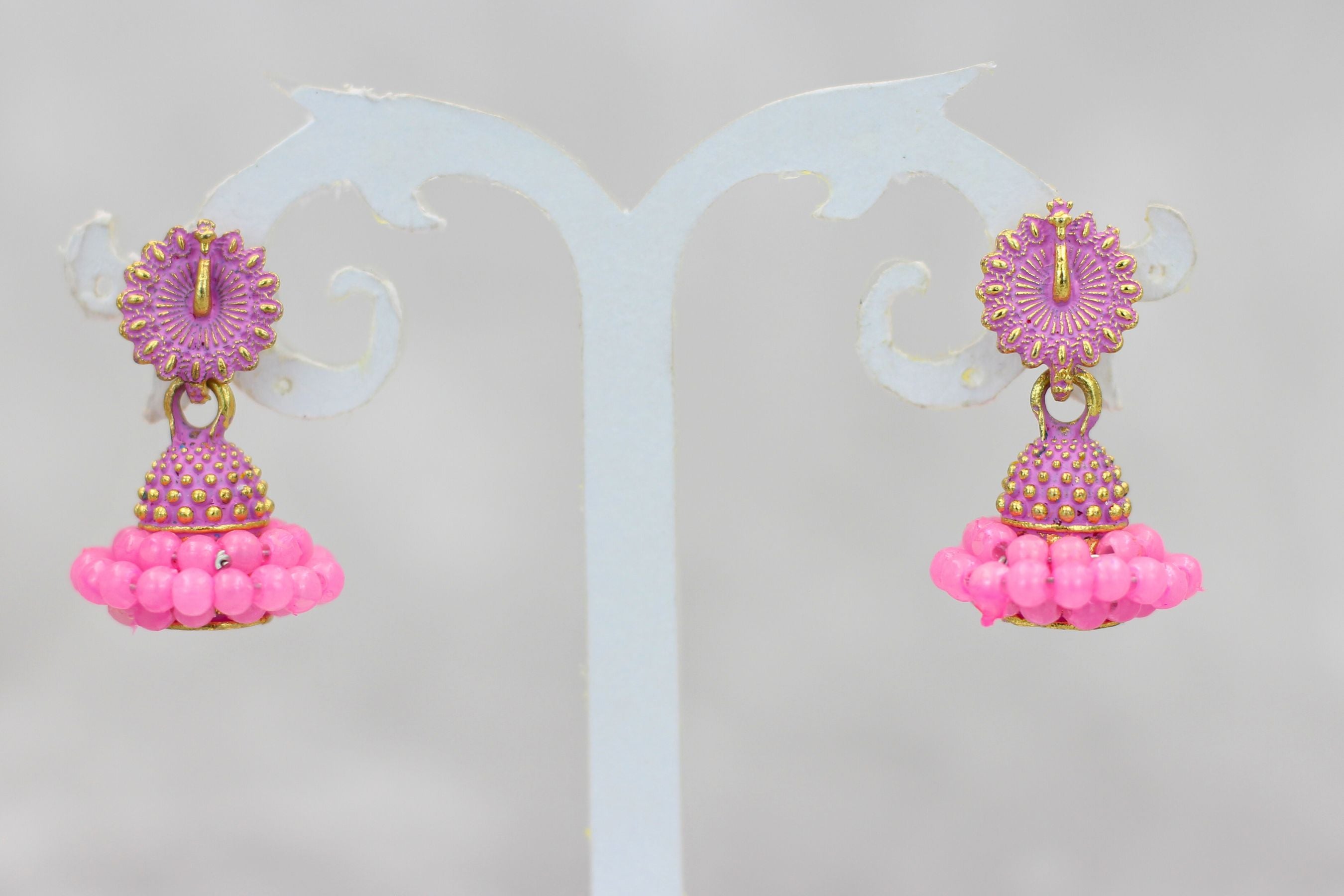 Regal Gold-Plated Oxidized Jhumka Earrings with Pearls - Ethnic Glamour Jewelry JCS Fashions Baby pink 1 inch