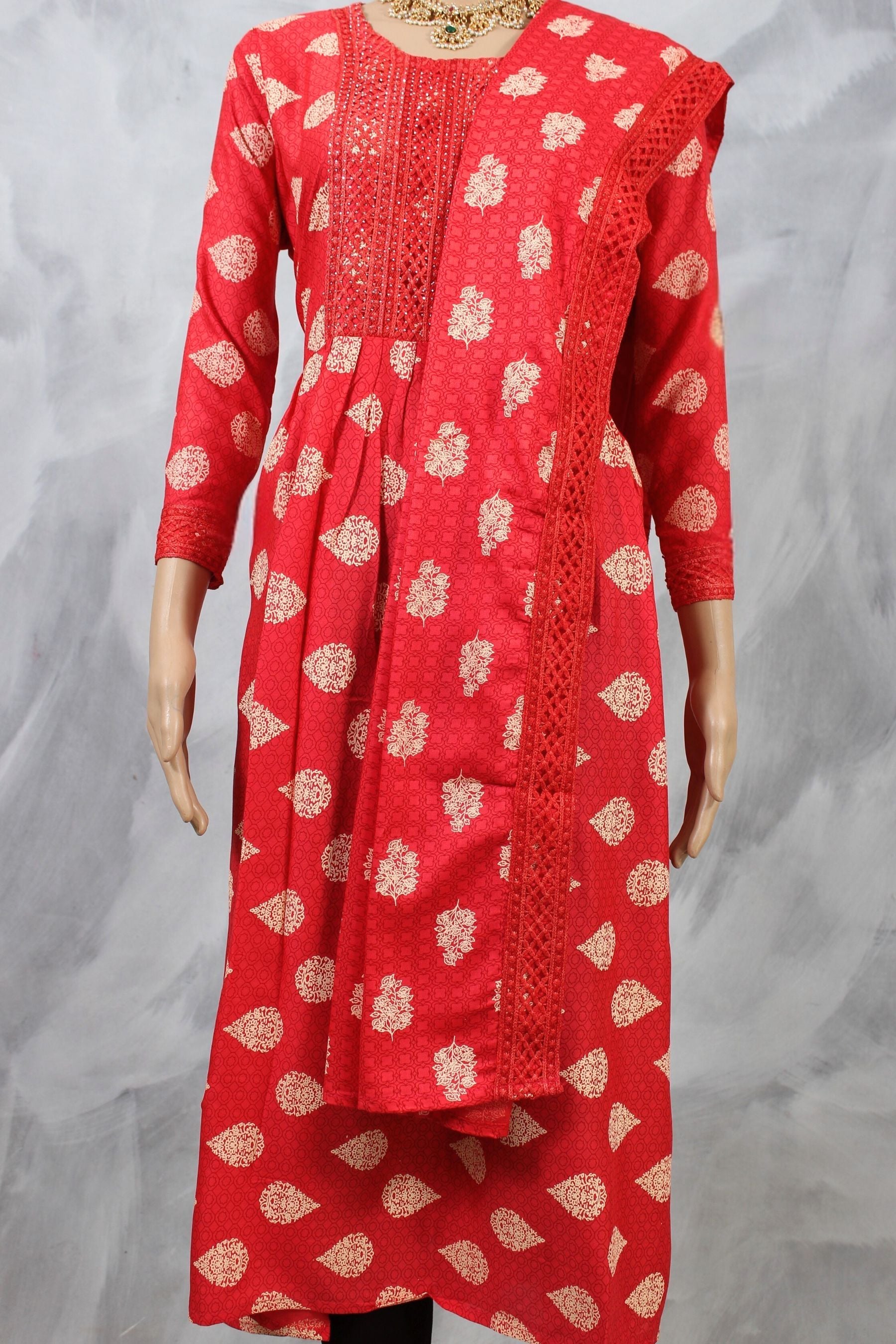 Cotton Anarkali Kurti with Dupatta: Embroidered and Stone-Embellished KURTI JCS Fashions Pastel Red X-Large (42)