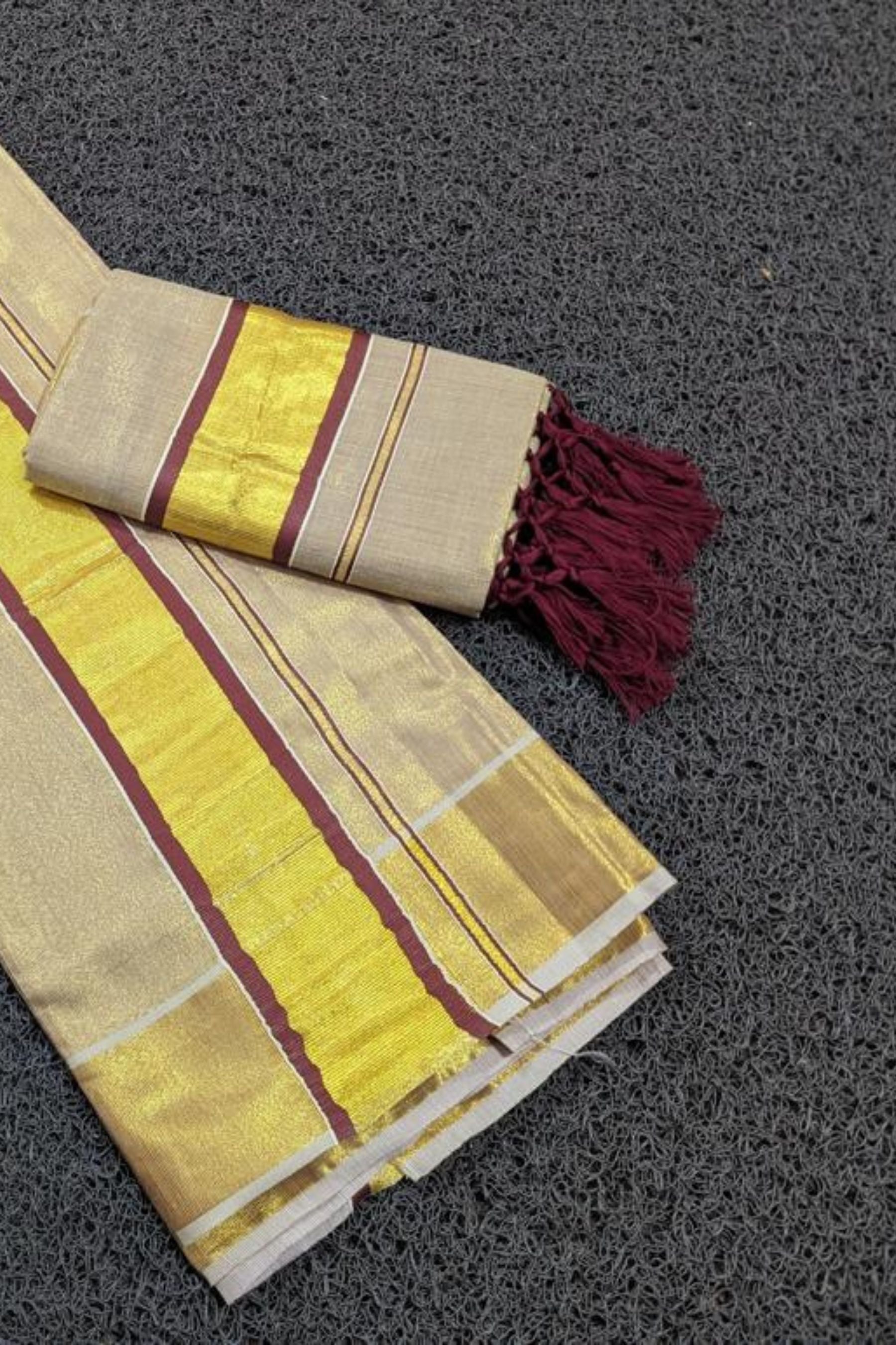 Elegant Saree Vishu Collection - Premium Tissue Set Mundu with Tussels Saree JCS Fashions