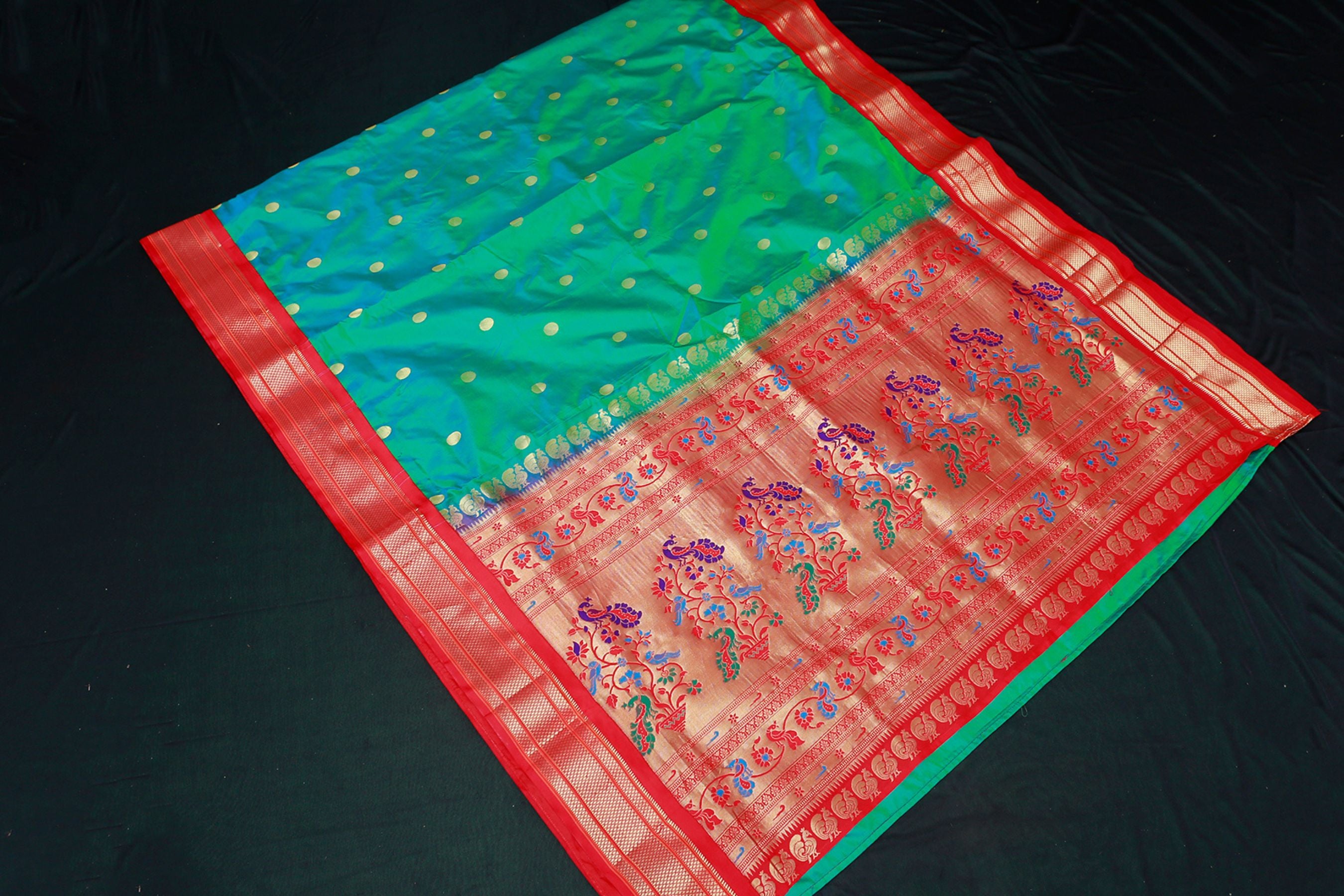 Yeola Paithani Silk Saree, Green with Red, Fully stitched blouse