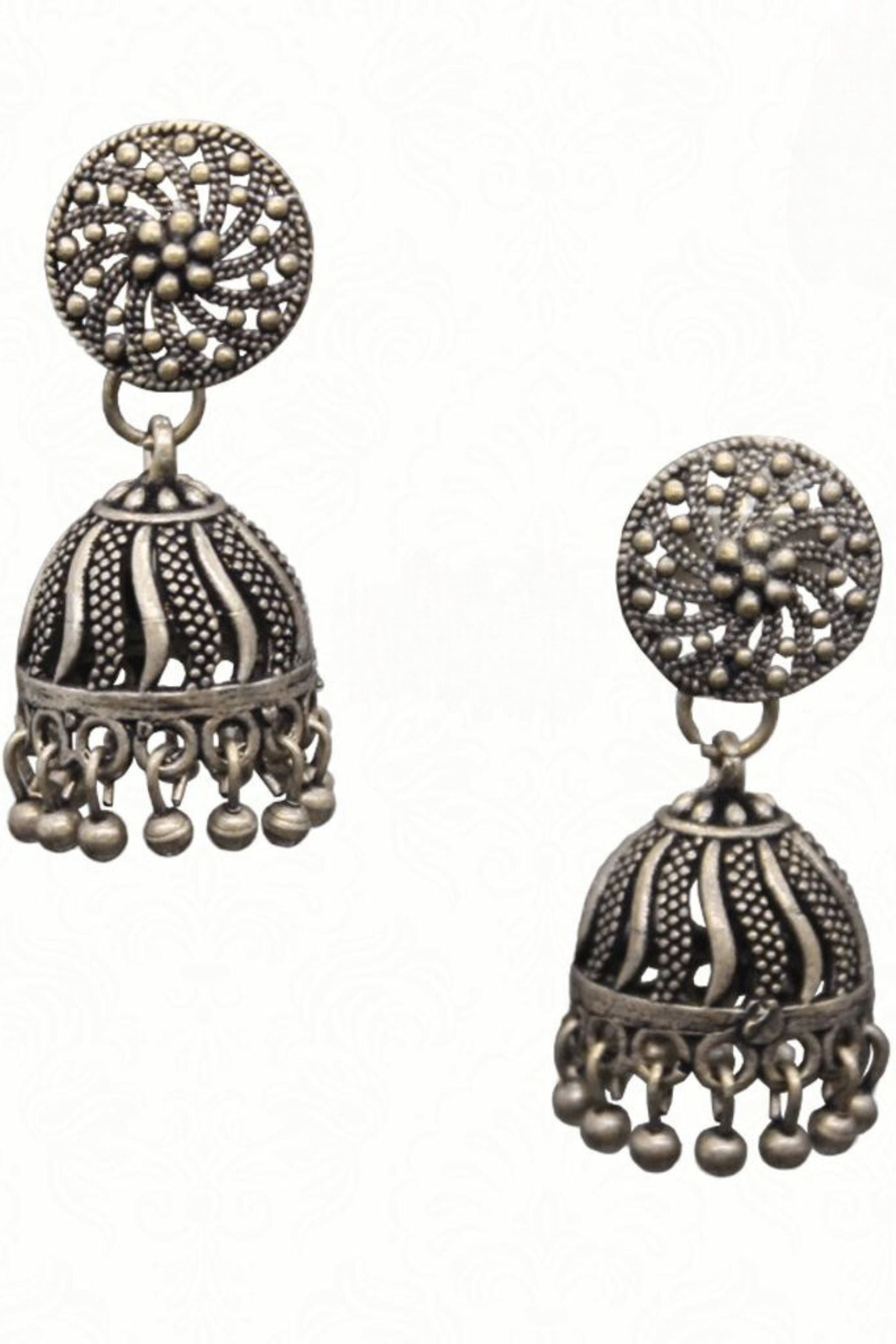 Intricate Delights Artisan Made Oxidized Silver Plated Jhumka Earrings Jewelry JCS Fashions