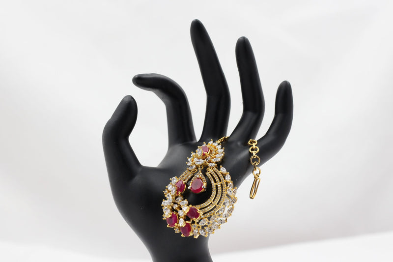 Regal Gold-Polished American Diamond Tikka with Pink & White Stones