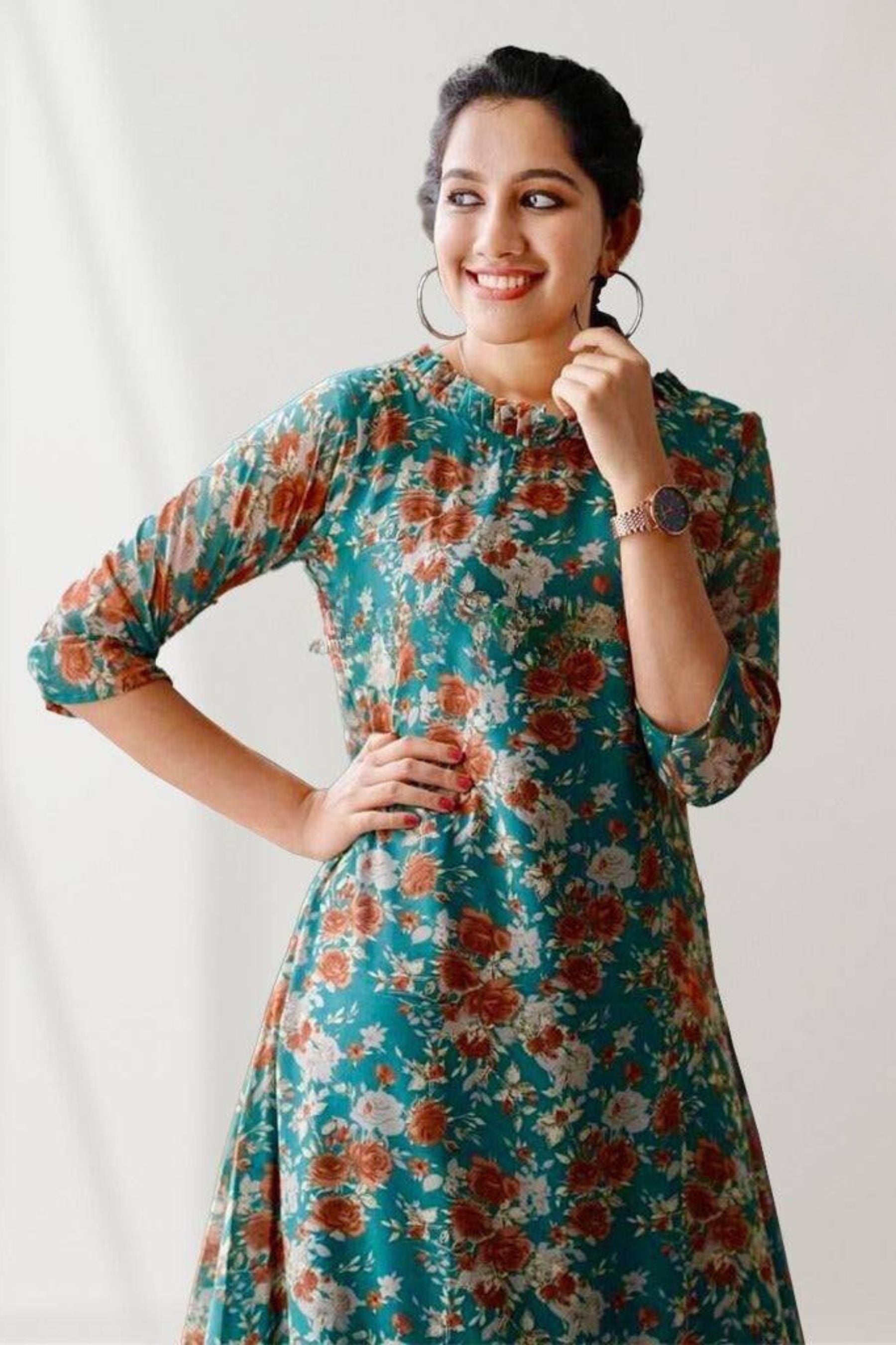 Fully Stitched Women Georgette dress with floral prints Kurti JCS Fashions Greenish Blue Medium (38)