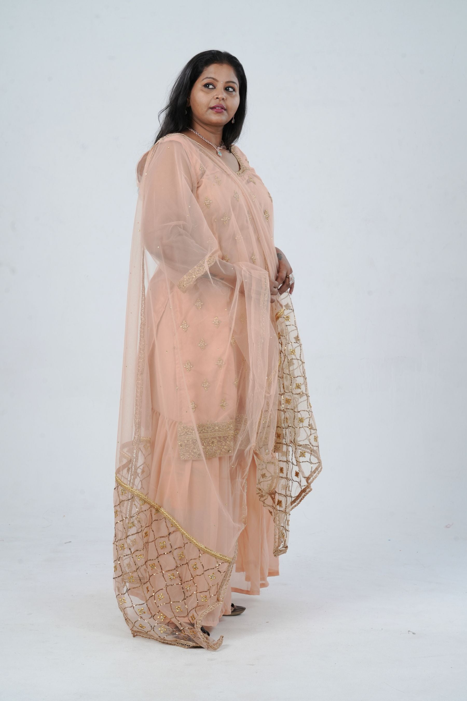 Plus Size: Ethnic Elegance: Soft Net Sharara in Peach KURTI JCS Fashions