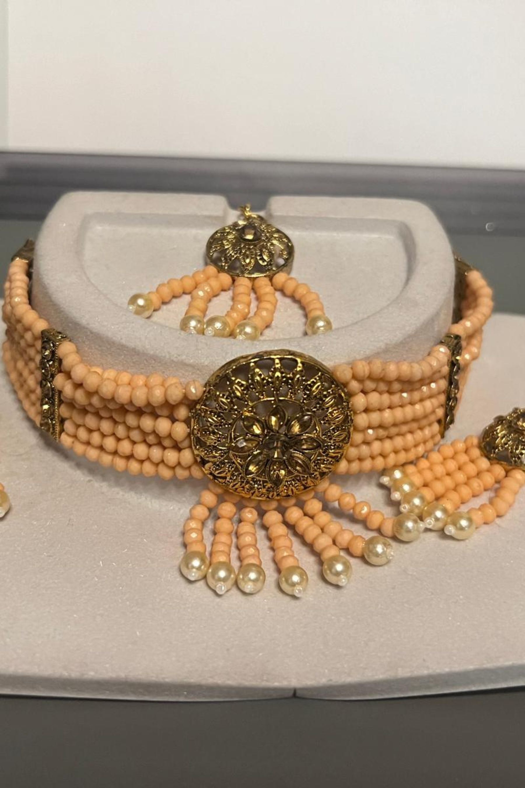 Stunning Peach Beaded Jewelry Set - Matte Finish Choker, Earrings & Tikka Jewelry JCS Fashions Peach Free size