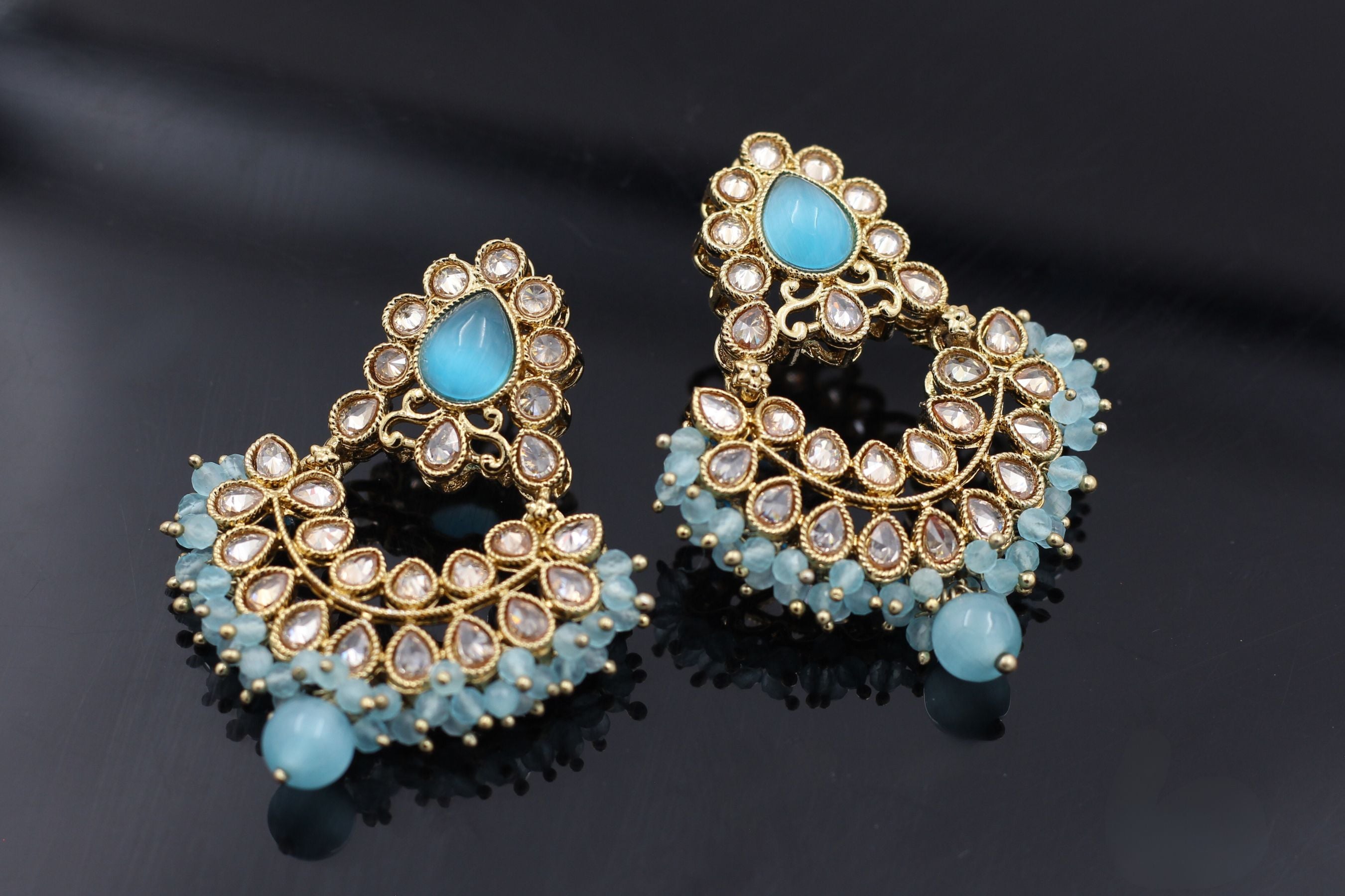 Exquisite Stone Kundan Earrings: Handcrafted and Timeless Elegance Jewelry JCS Fashions Blue 2.1 inch