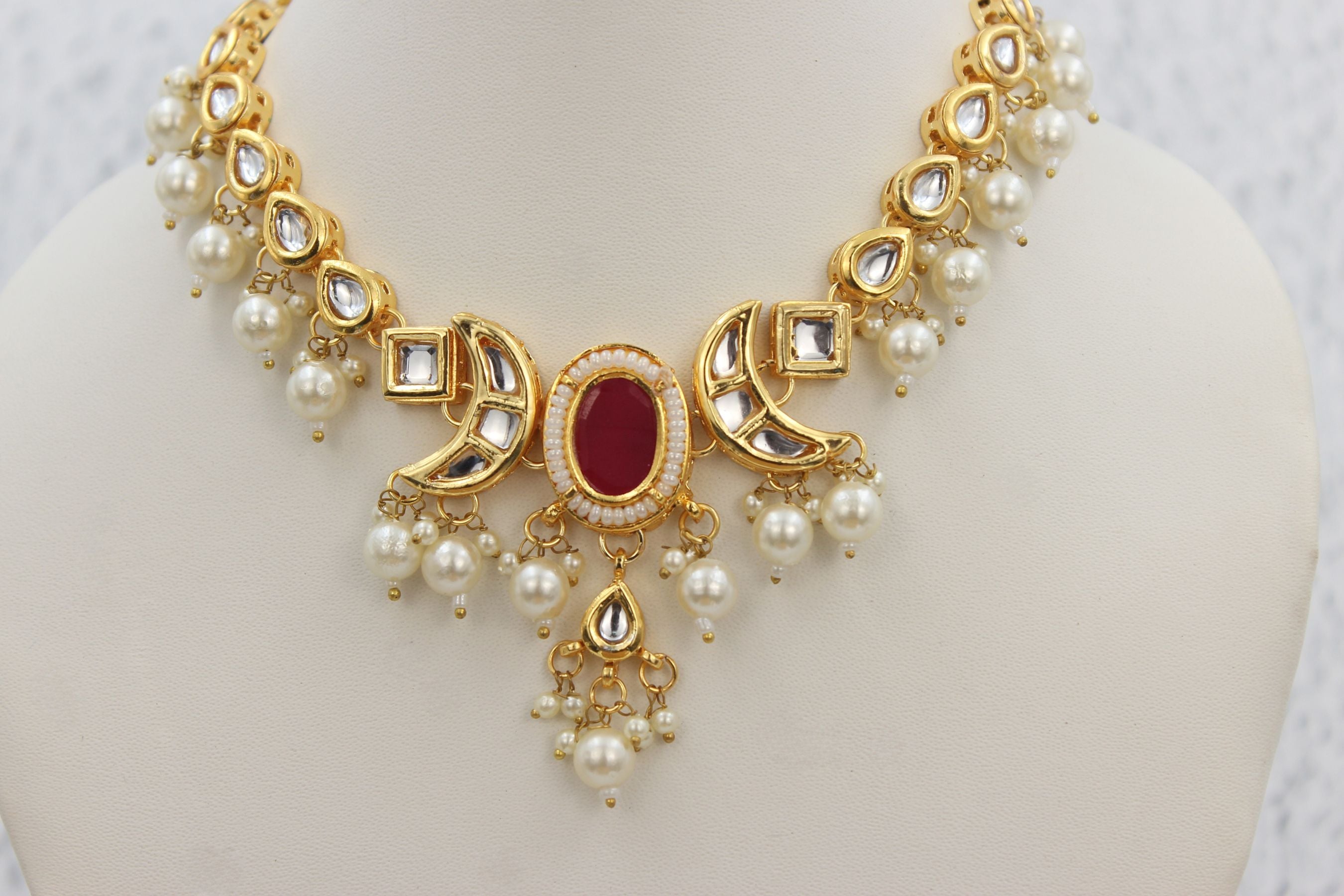 Kundan Fashion Double-Side Necklace Set - Pearls & Red Stone Elegance Jewelry JCS Fashions