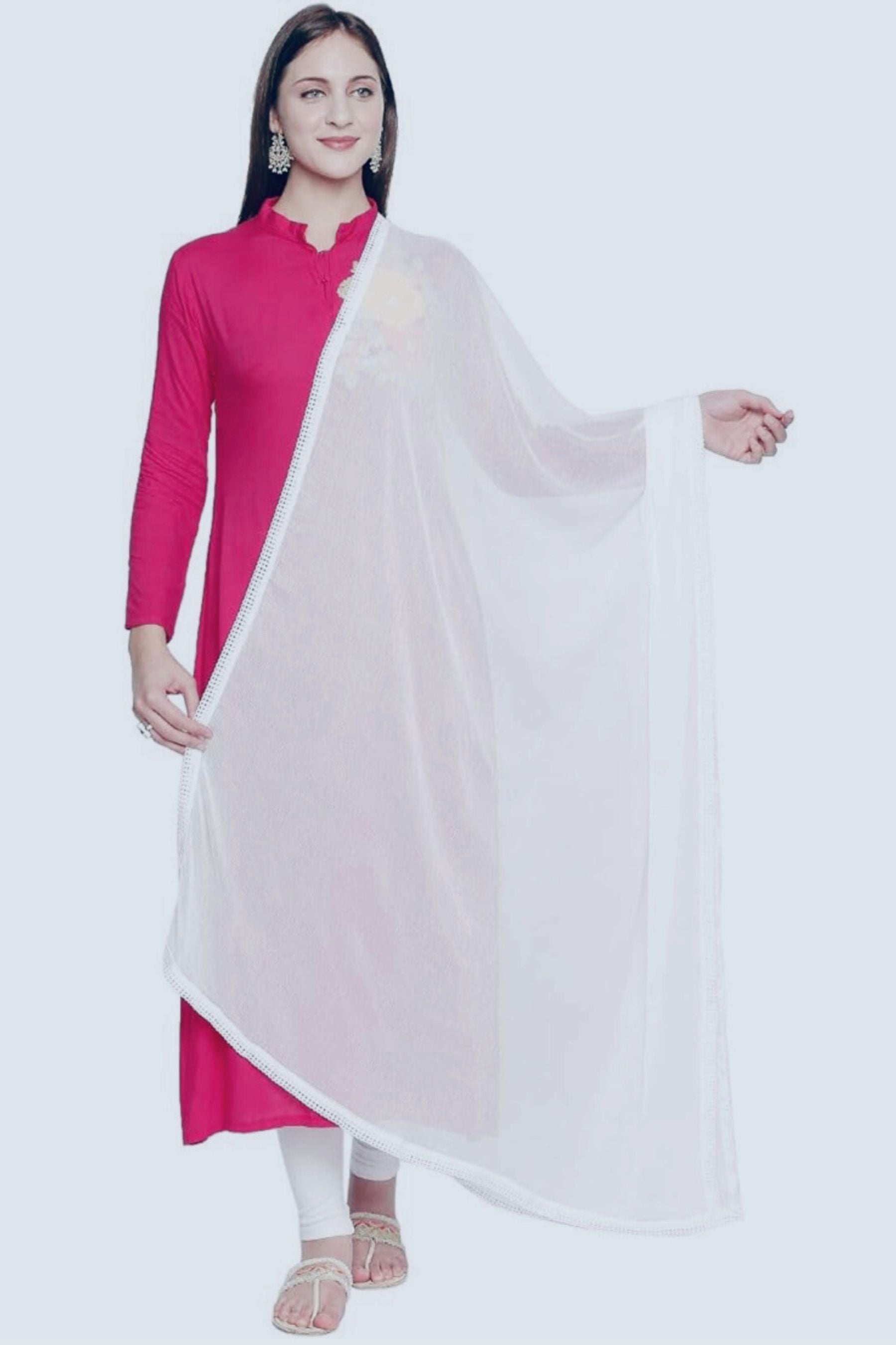 Chic Plain White Chiffon Dupatta with Elegant Border Lace - JCSFashions