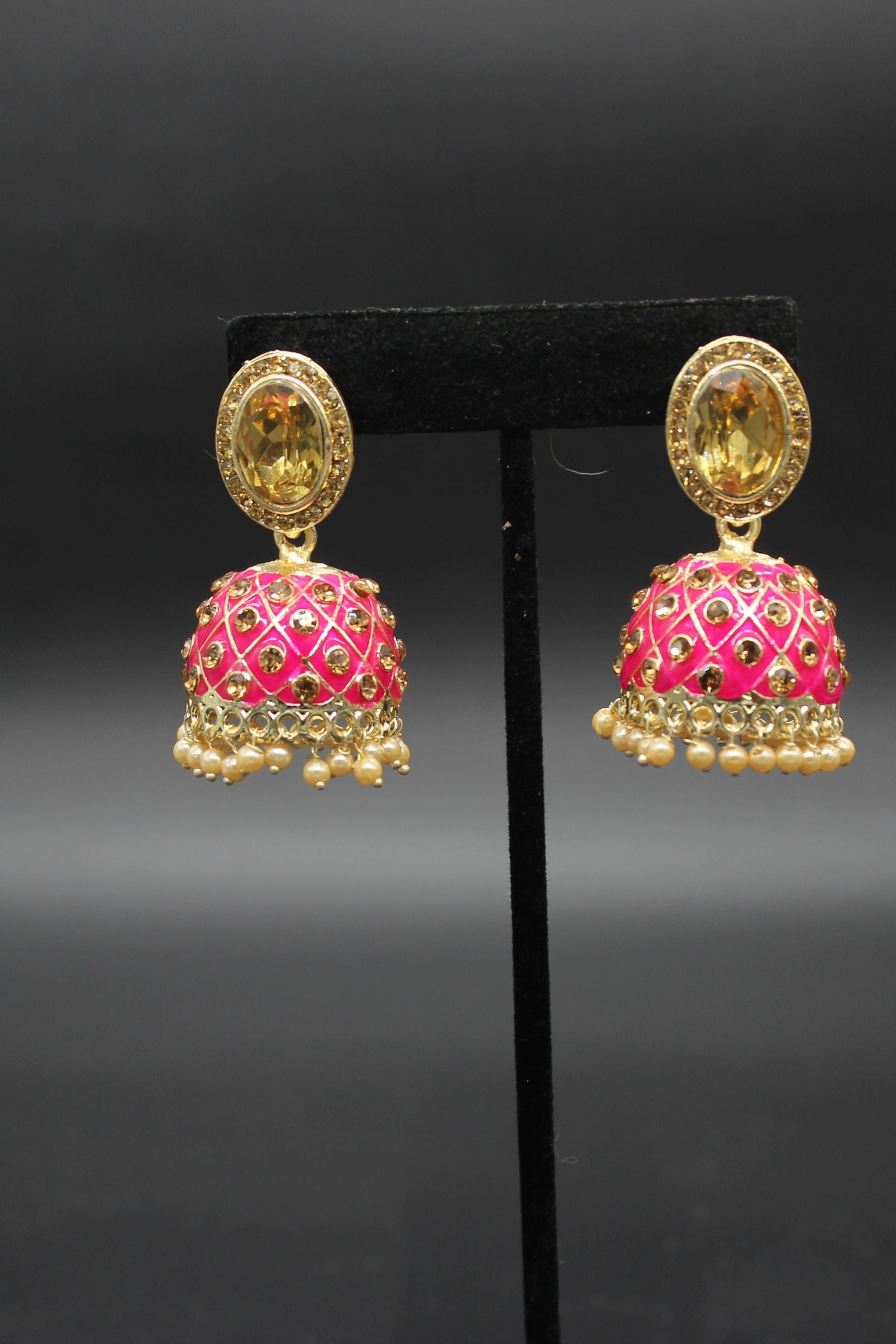 Kundan Jhumka Earrings With stones. Multiple Colors Available Jewelry JCS Fashions Rani Pink 2 inch