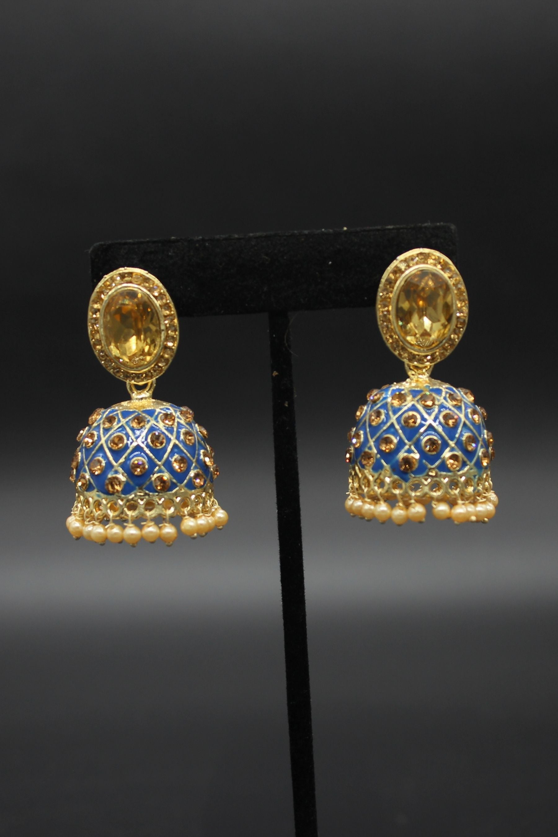 Kundan Jhumka Earrings With stones. Multiple Colors Available Jewelry JCS Fashions Dark Blue 2 inch