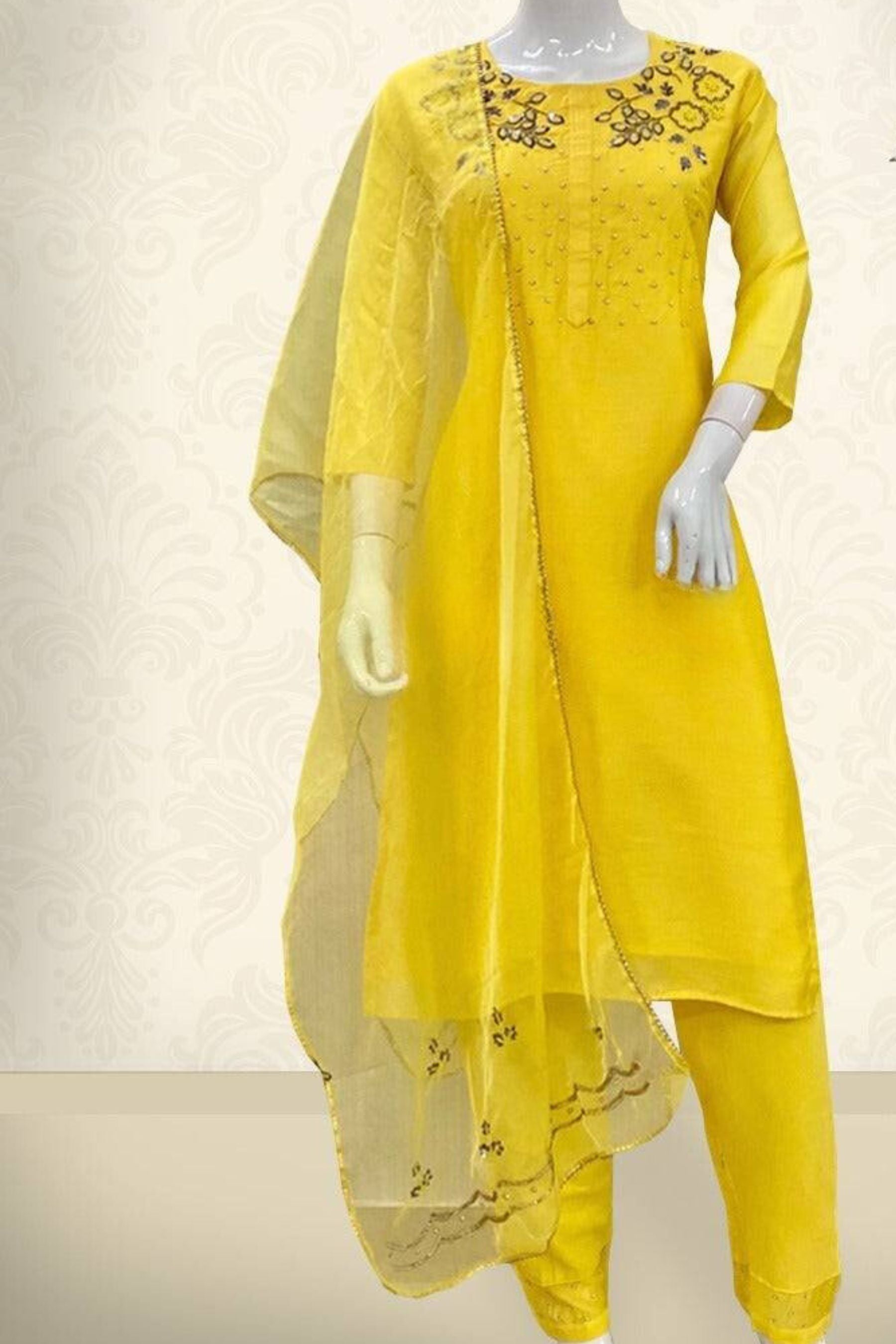 Zardosi-Pearl Art Silk Festive Suit & Embellished Organza Dupatta Set Kurti JCS Fashions Yellow Large (40)