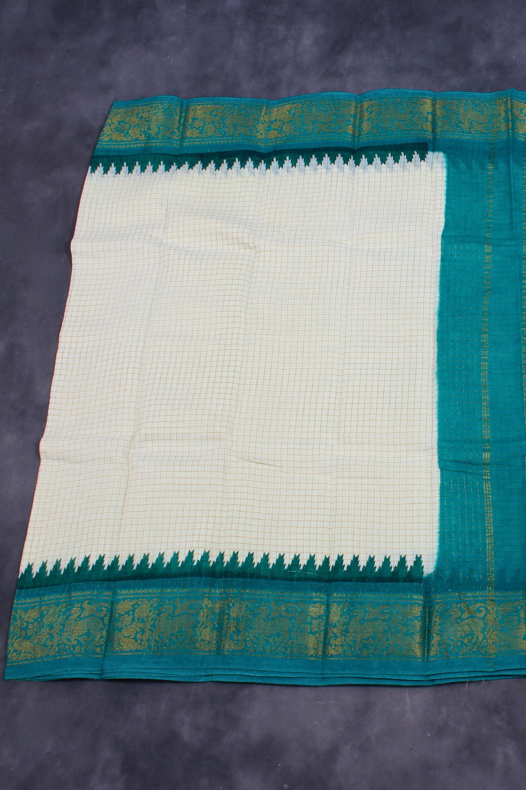 Madurai Pure Sungudi Cotton Saree with Golden Checks & Zari Border