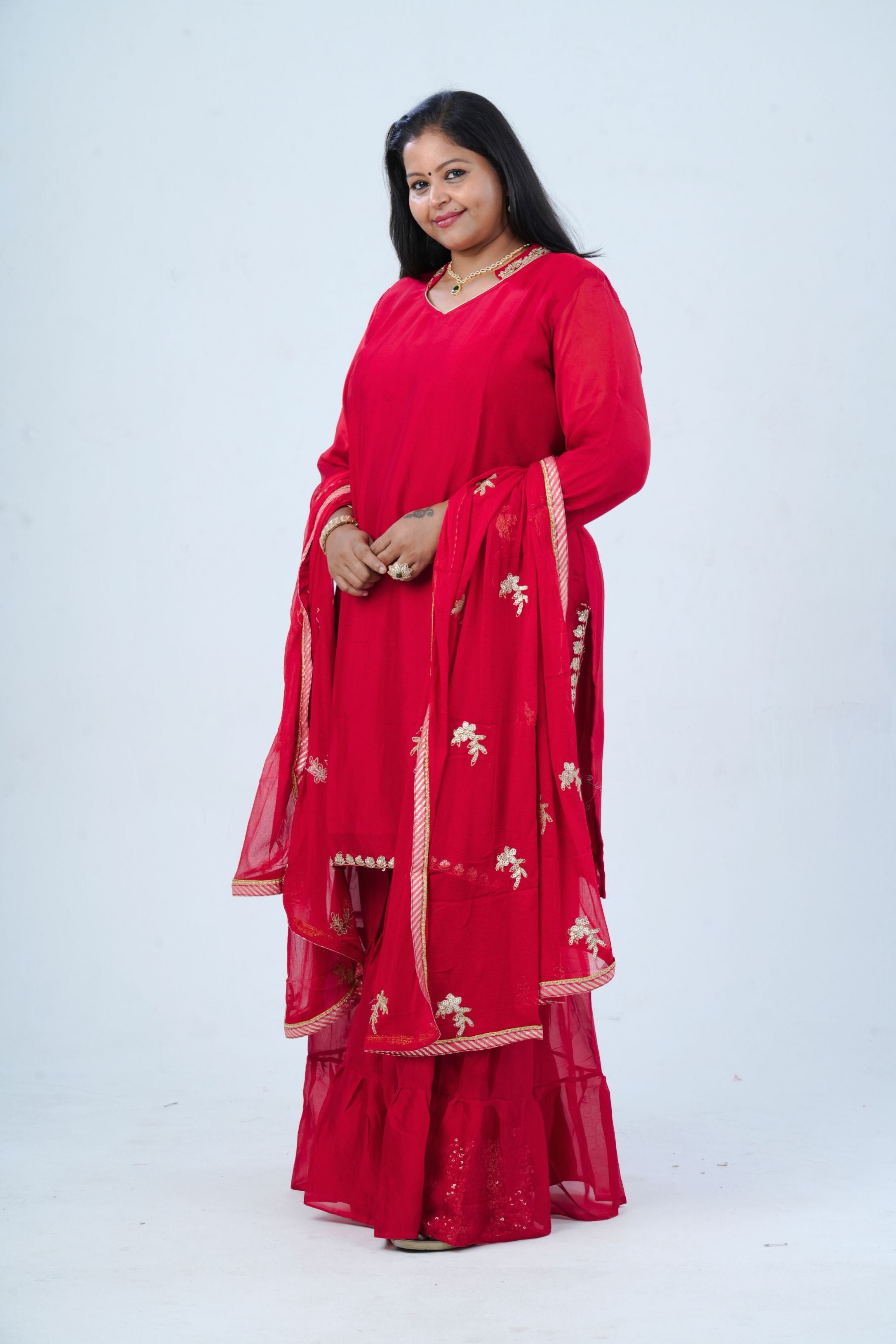 Plus Size: Georgette Sharara Suit: Embroidered Elegance with Sequin KURTI JCS Fashions Red XXX-Large (46)