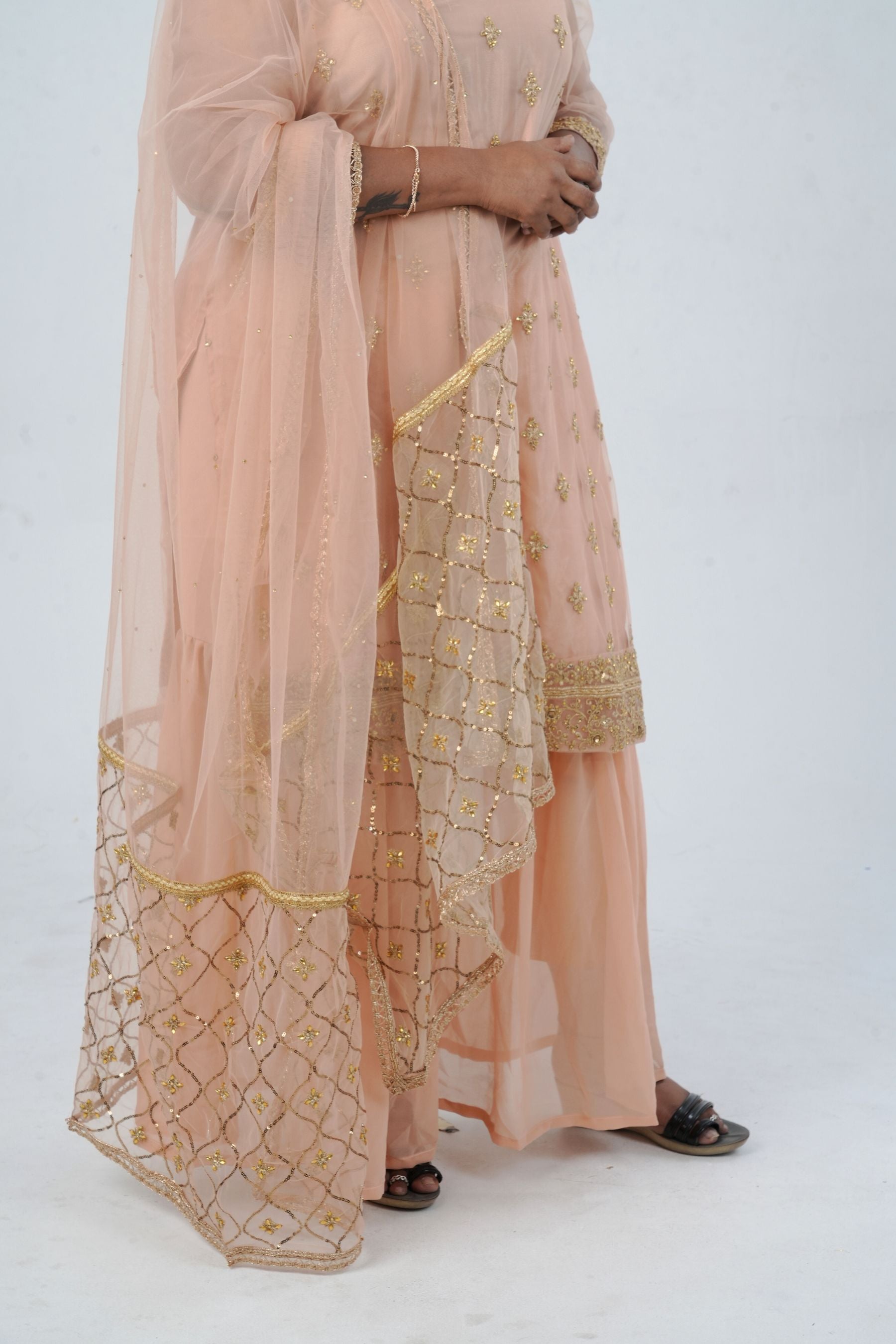 Plus Size: Ethnic Elegance: Soft Net Sharara in Peach KURTI JCS Fashions