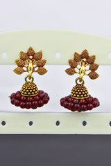 Gold-Plated Oxidised Jhumka Earrings with Faux Pearls & Meenakari Accent