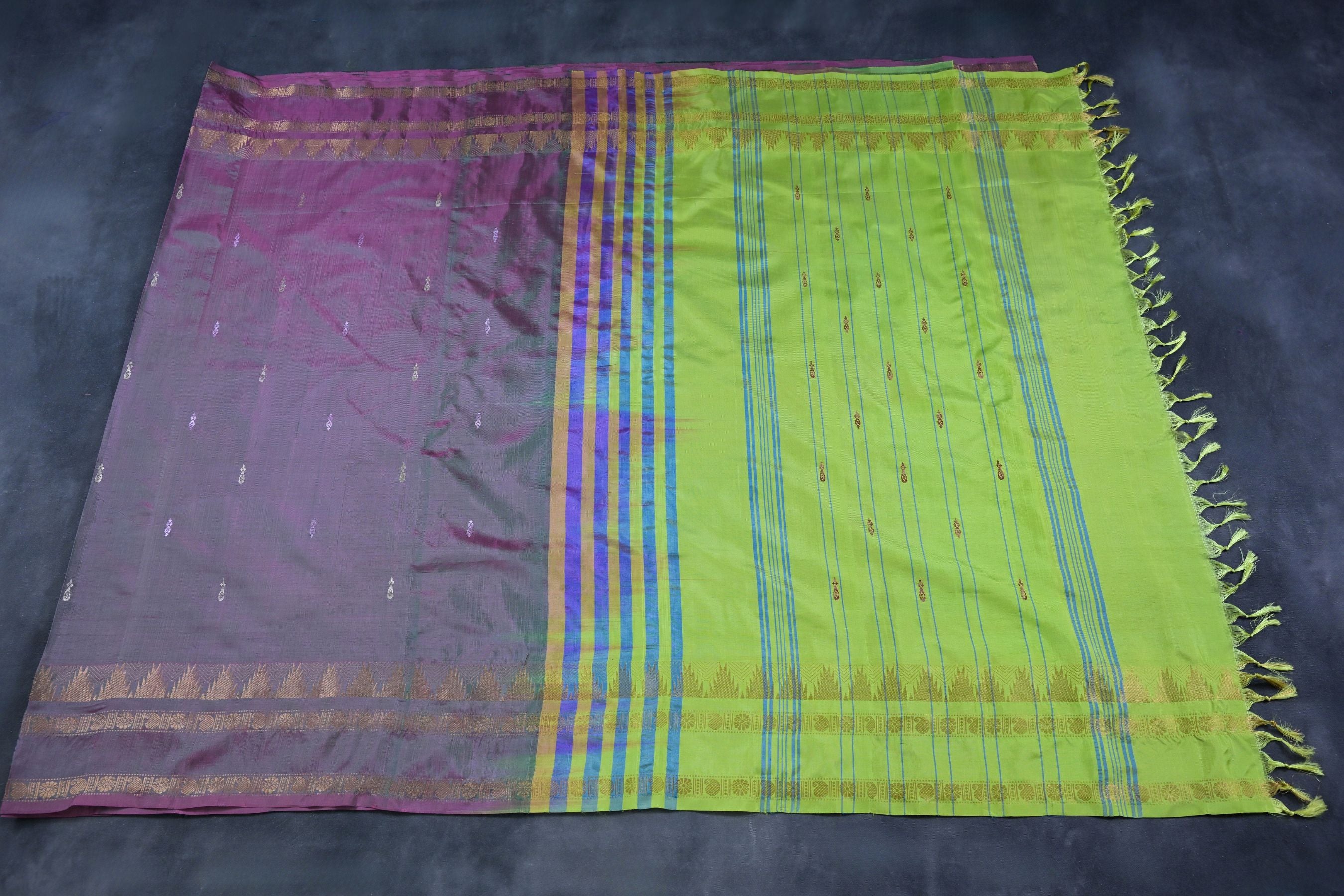 Exquisite Banana Pith Saree with Golden Zari Border Saree JCS Fashions Greenish Purple 5.5 meters