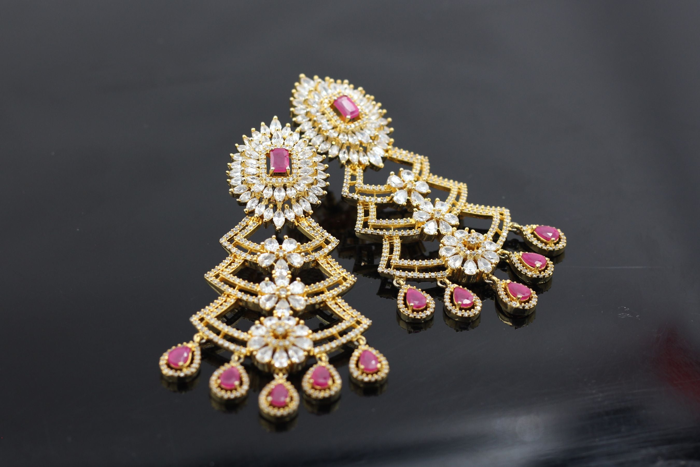 Luxe Pink & White Stone Long Earrings with Gold Polish - JCS Fashions