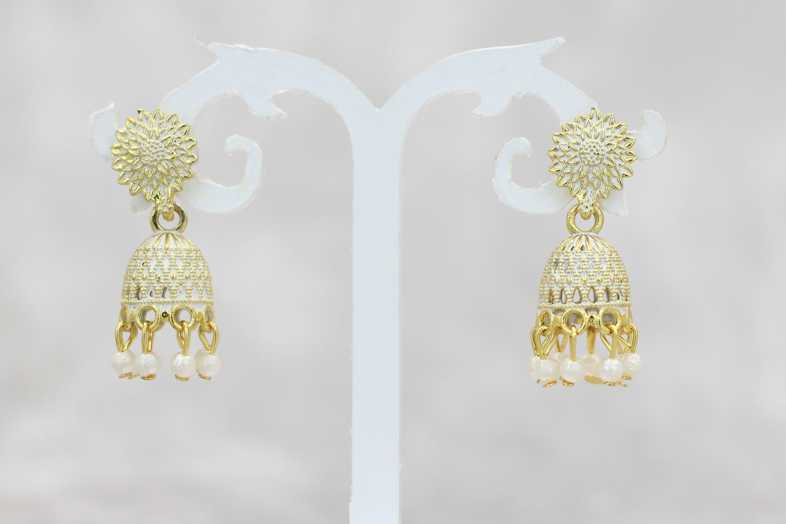 Opulent Gold Plated Jhumkas with Pearls - Durable & Elegant Earrings Jewelry JCS Fashions White 1.3 inch