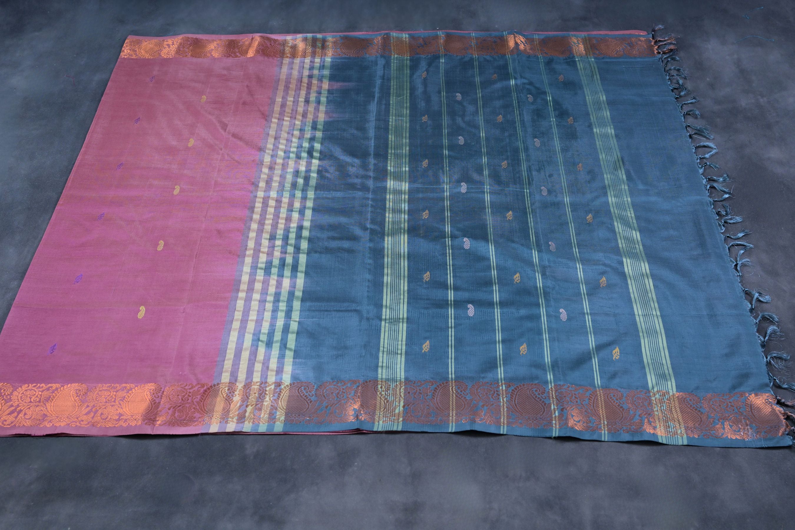 Handcrafted Banana Pith Saree with Copper Zari Border by JCSFashions Saree JCS Fashions Onion Pink & Grey 5.5 meters