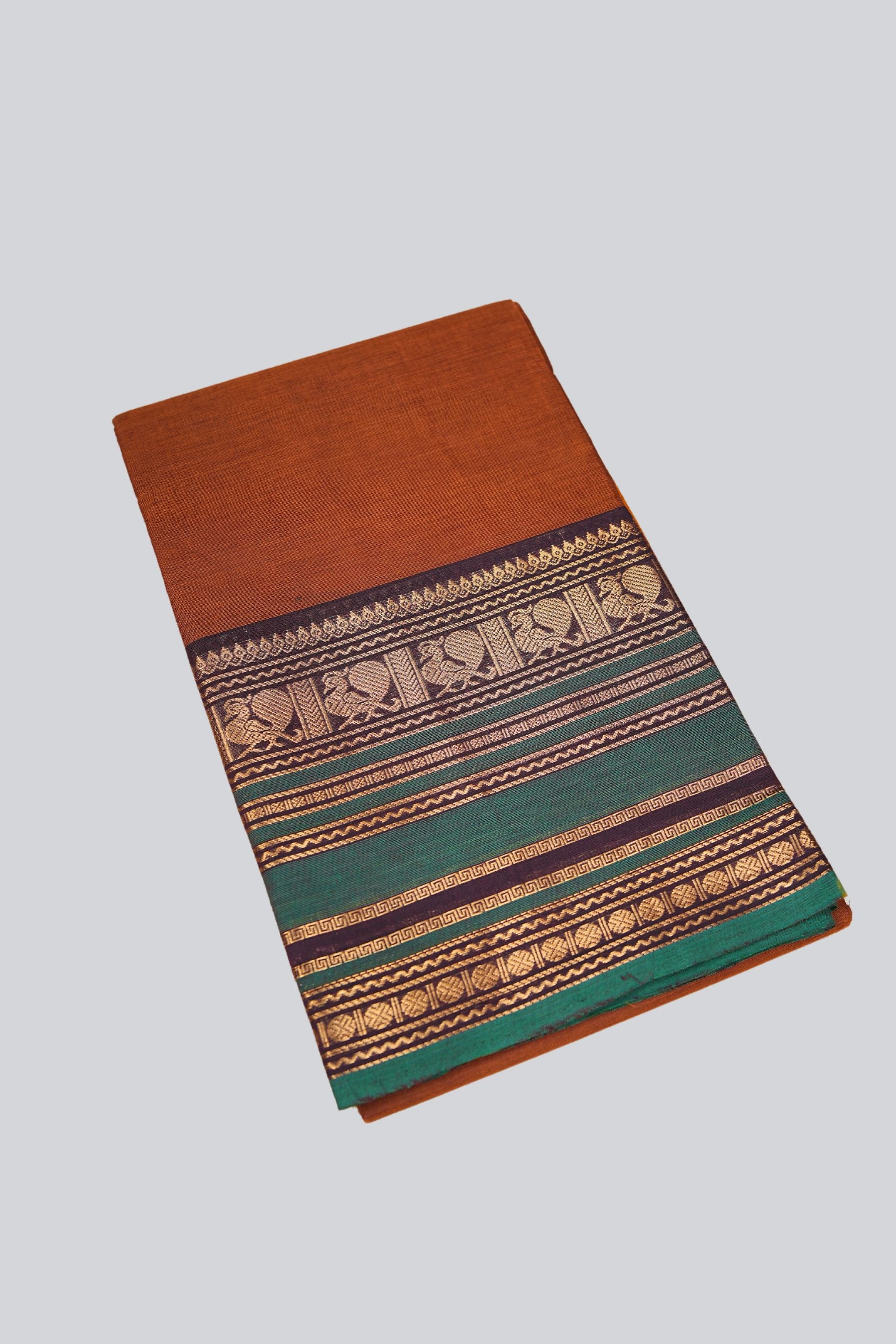 80-count Chettinad Cotton Saree: Experience Classic Indian Elegance Saree JCS Fashions Dark Brown & Green 5.5 meters