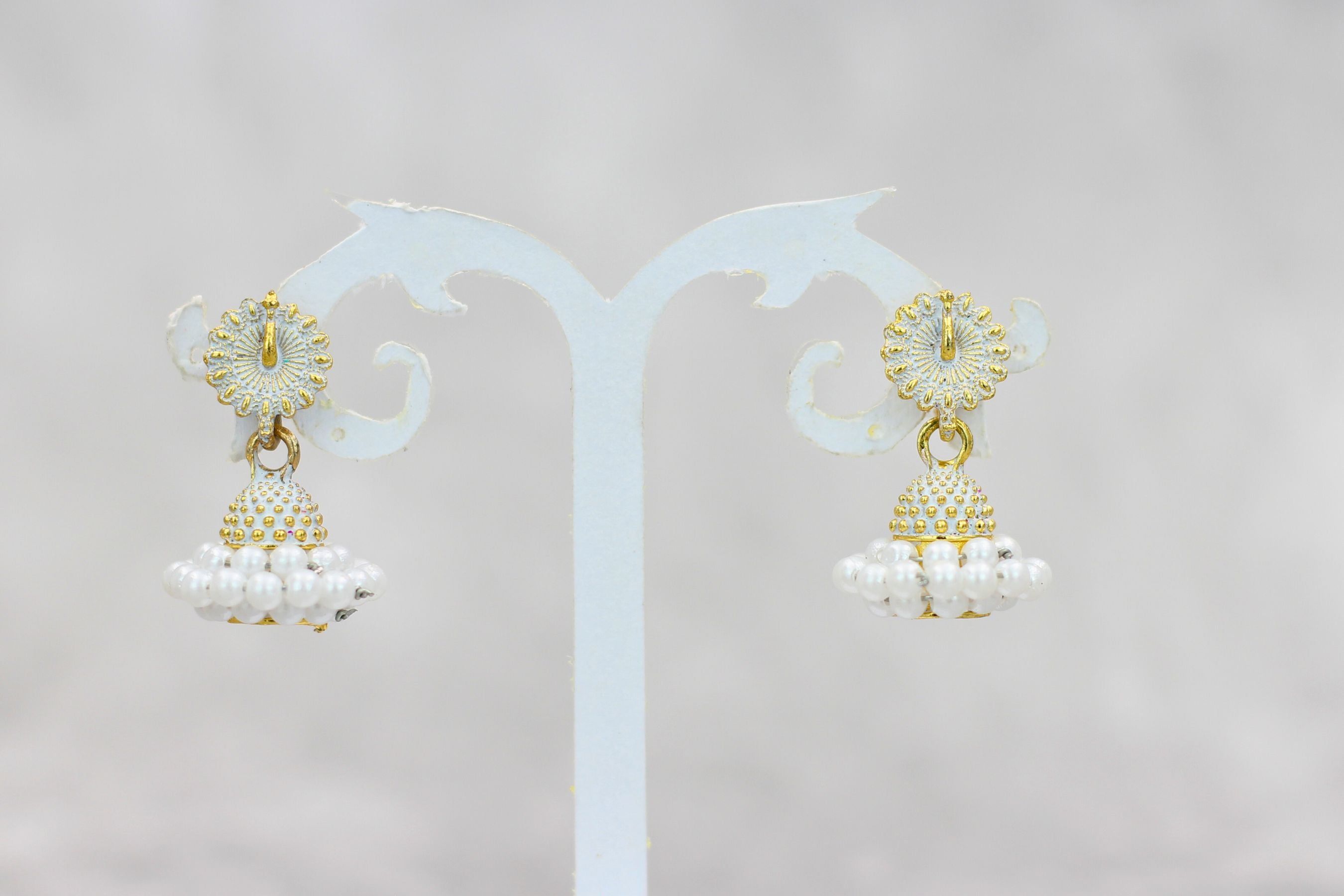 Regal Gold-Plated Oxidized Jhumka Earrings with Pearls - Ethnic Glamour Jewelry JCS Fashions White 1 inch