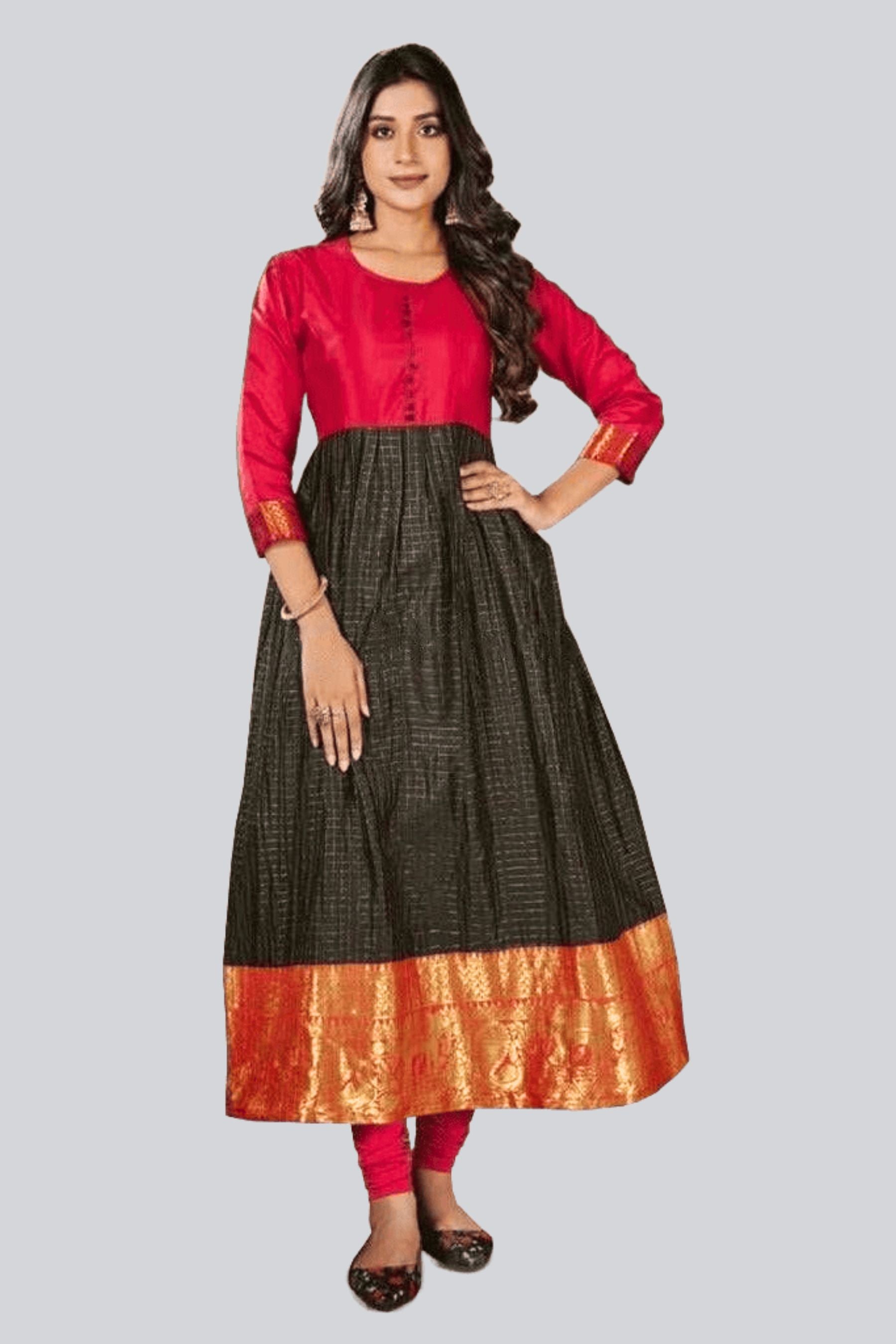 Silk Weaving Kurti with Jacquard Border with Modern Twist Kurti JCS Fashions Red & Black Medium (38)