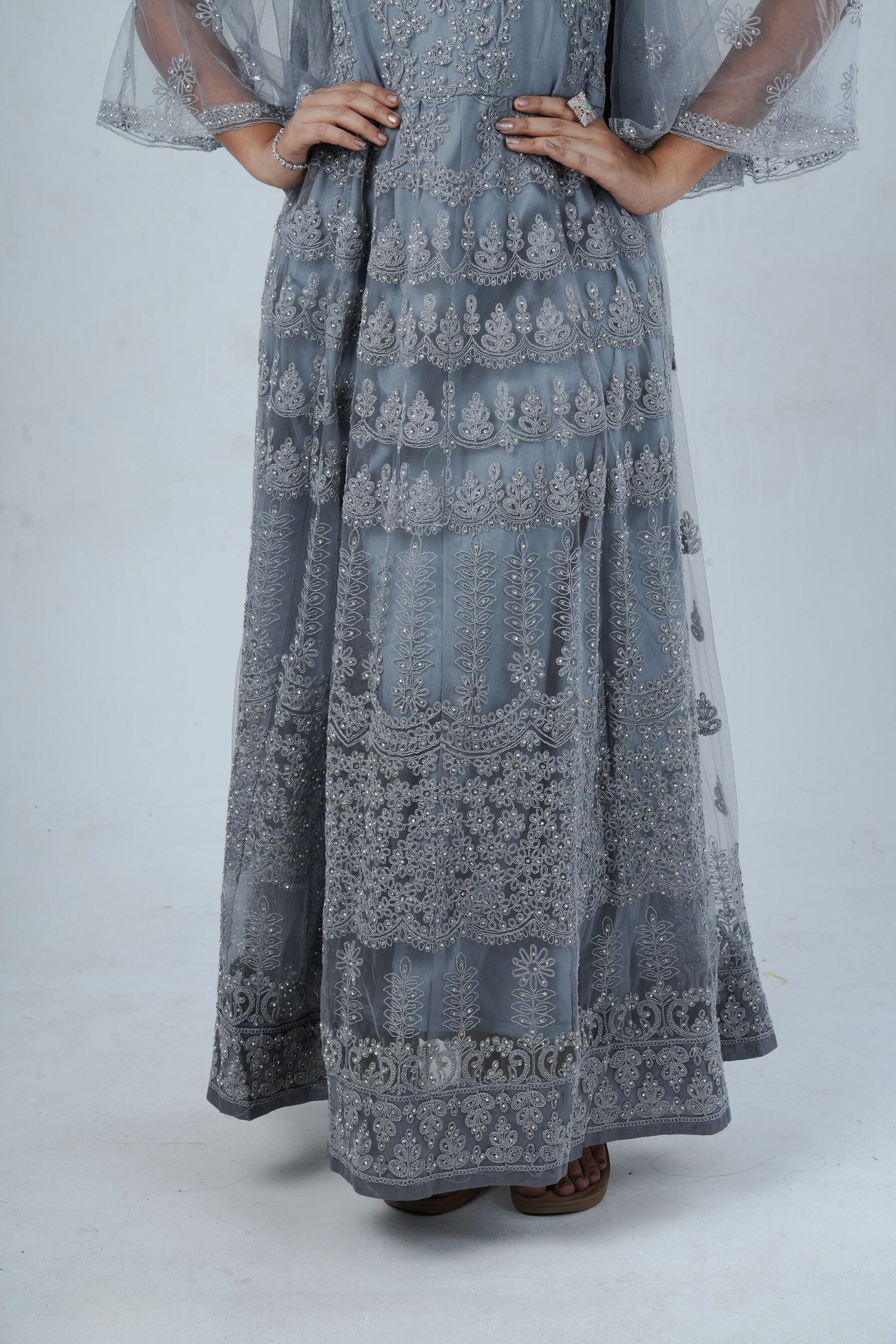 Luxurious Embroidered Long Gown with Stone Work