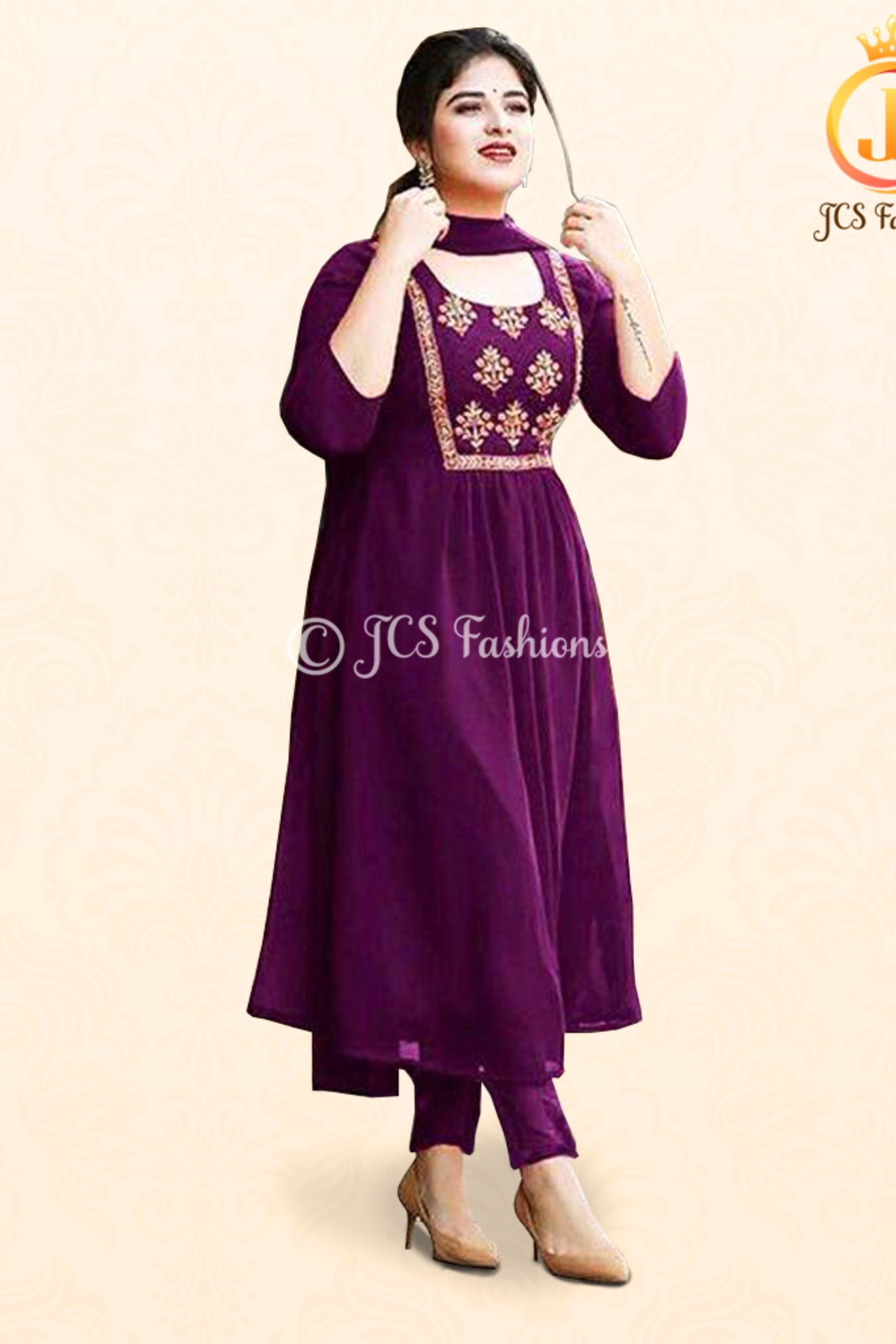 Embroidery Work Anarkali Dress with Bottom and Dupatta KURTI JCS Fashions Wine Medium (38)