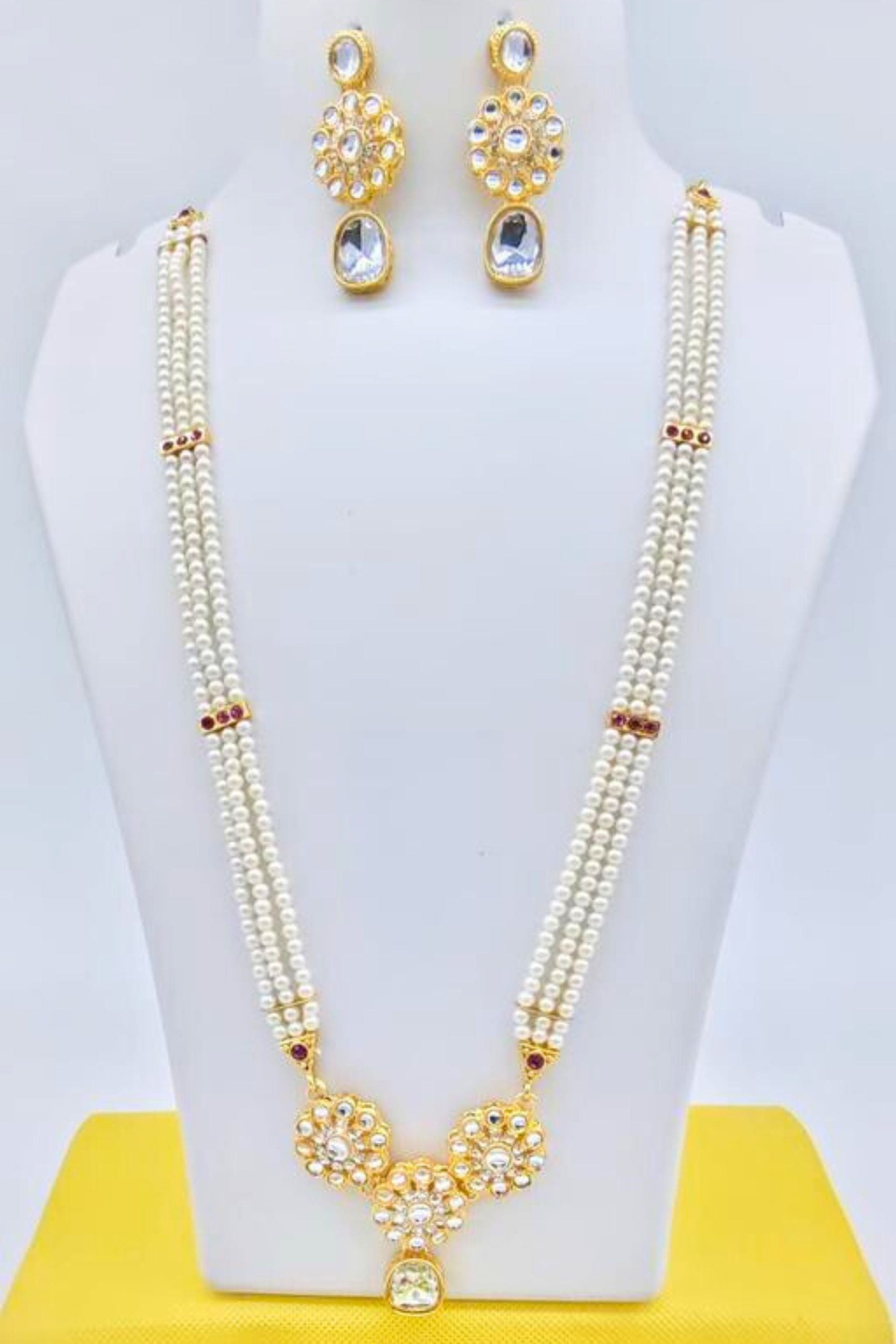 Regal Long Kundan Mala Set with American Diamonds in Gold Plating Jewelry JCS Fashions White 14.5 inch