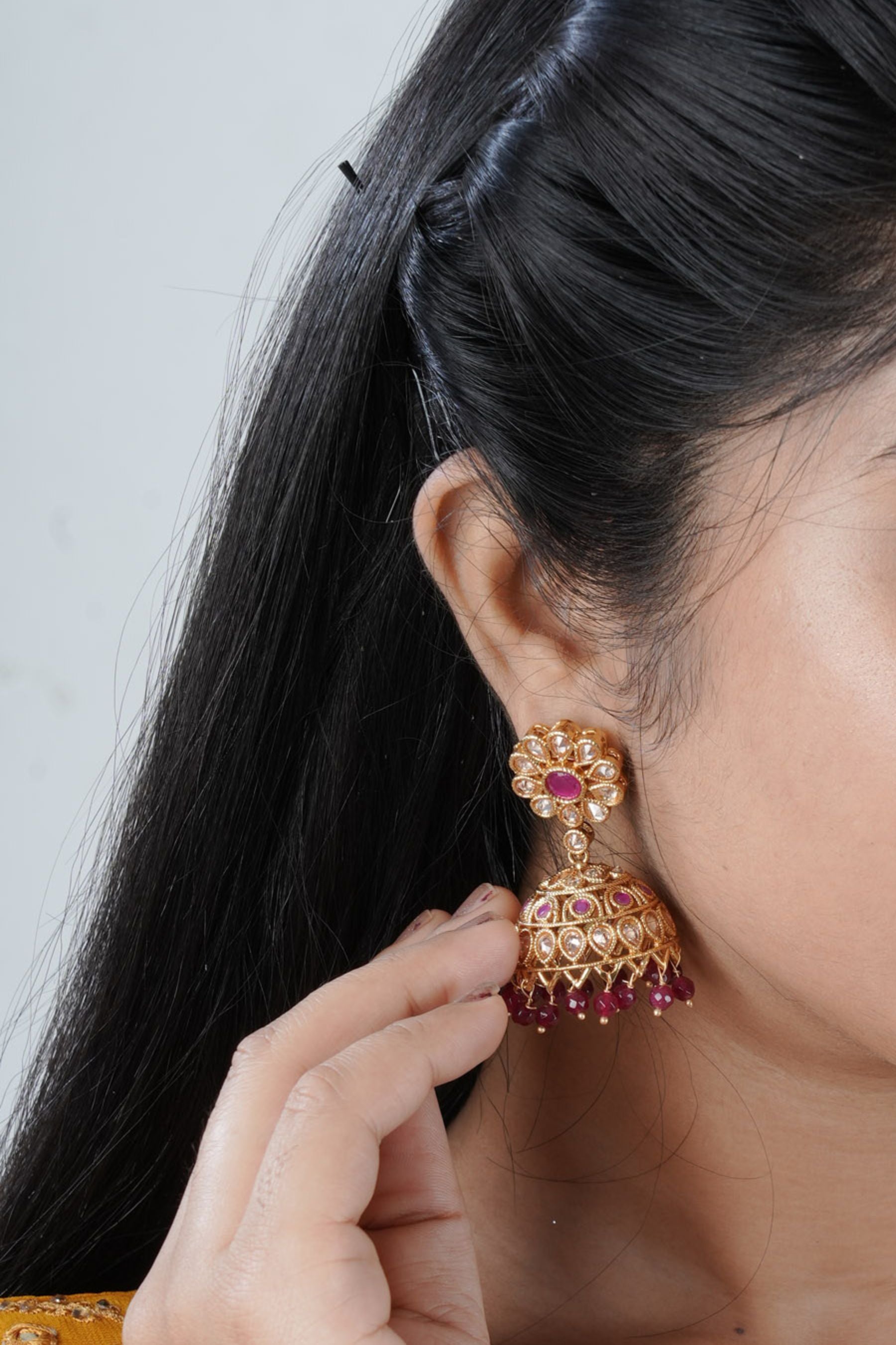 Regal Gold Kundan Jhumka Earrings - Handcrafted Accessory Jewelry JCS Fashions