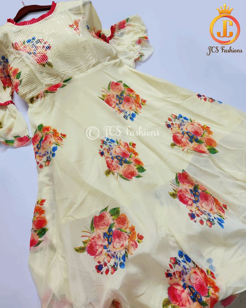 Beautiful Floral Printed Designer Long Frock | JCS Fashions KURTI JCS Fashions White X-Large (42)