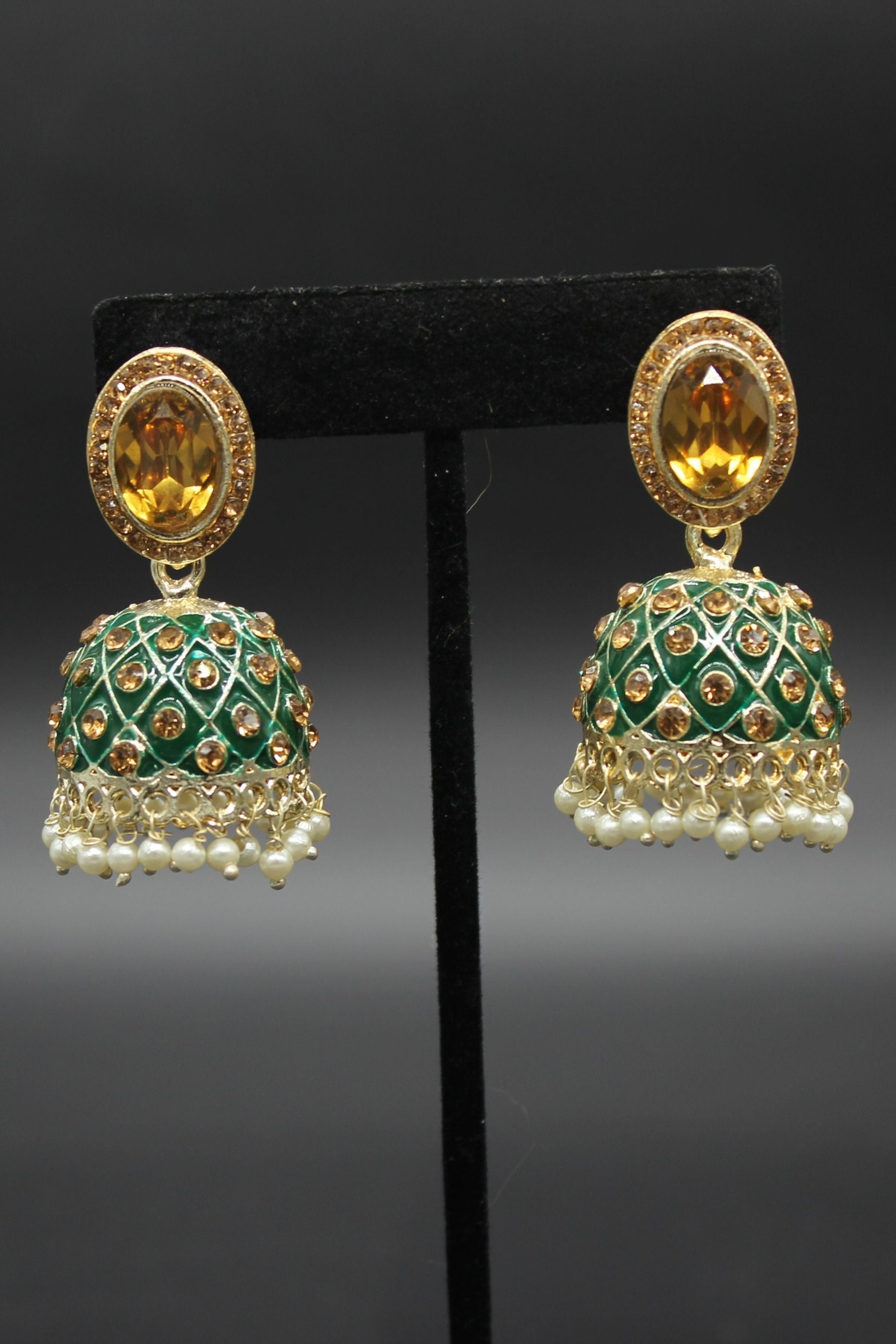 Kundan Jhumka Earrings With stones. Multiple Colors Available Jewelry JCS Fashions Bottle green 2 inch