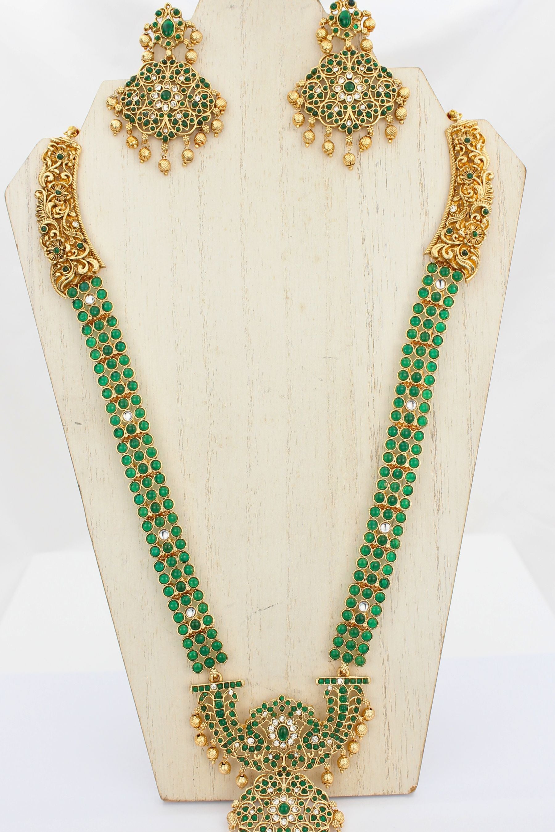 Regal Gold-Plated Kemp Mala Necklace & Earring Set by JCS Fashions Jewelry JCS Fashions Green 12 inch