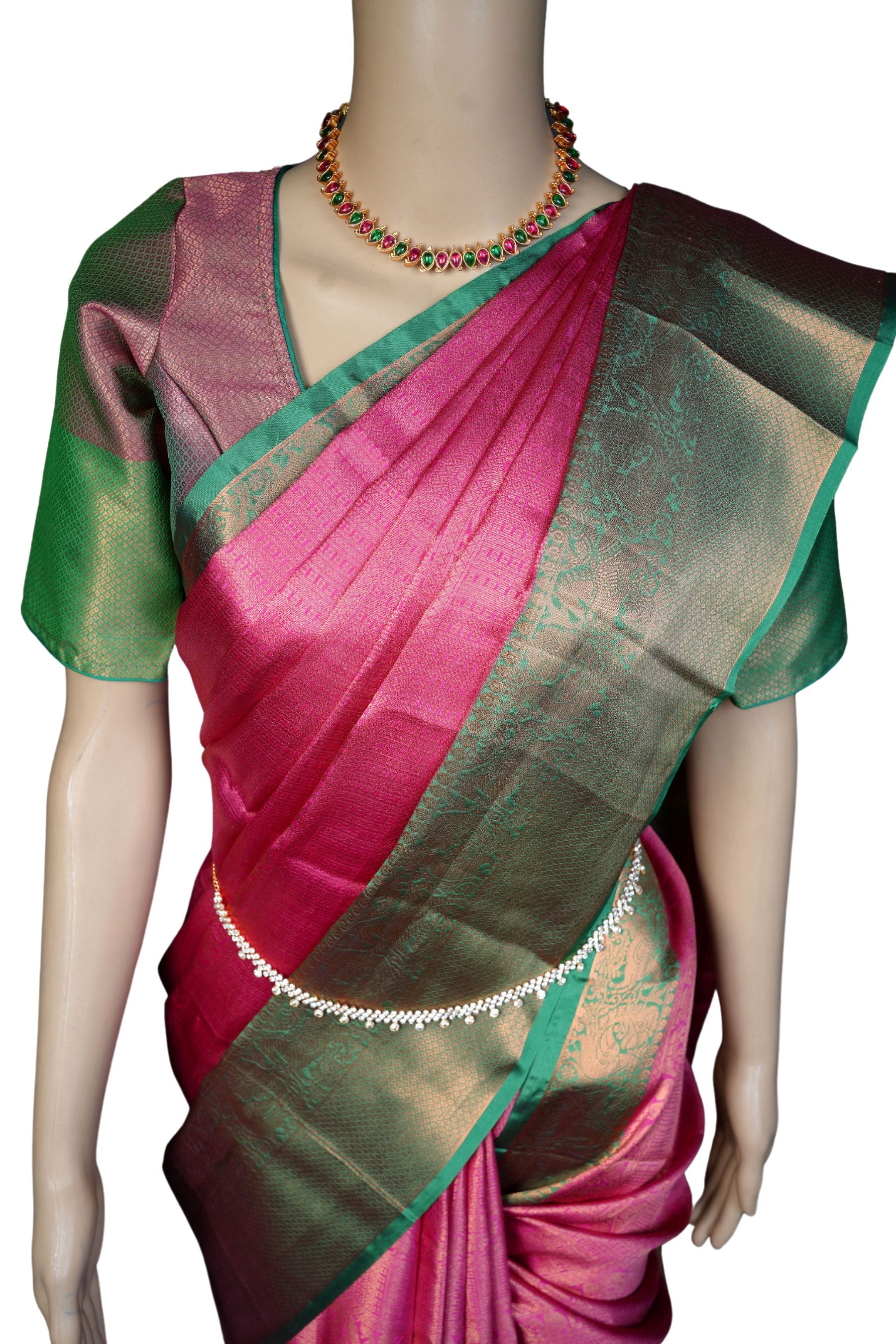 Rani Pink Banarasi Tissue Saree: Elegant Green Border &Jacquard Blouse Saree JCS Fashions