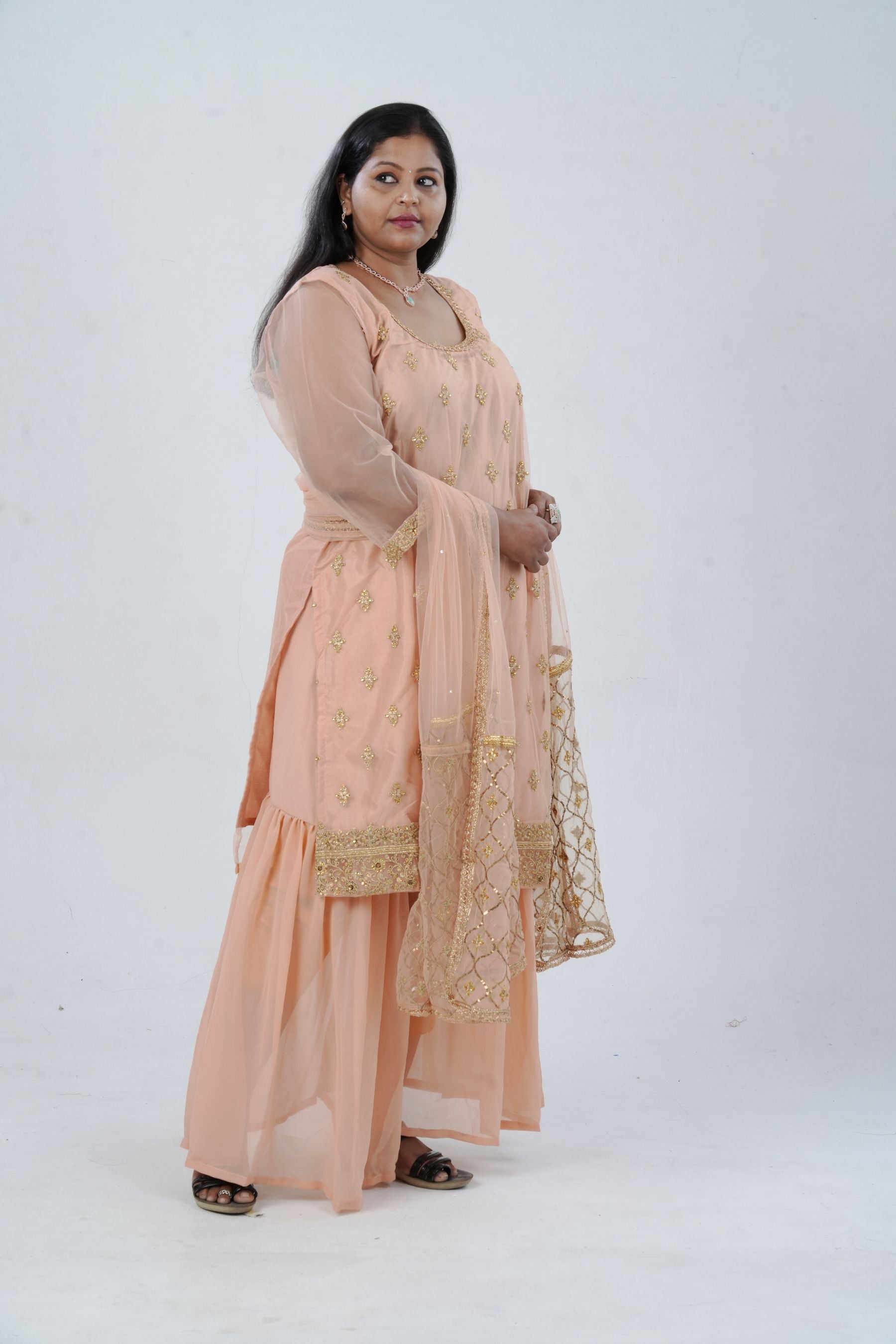 Plus Size: Ethnic Elegance: Soft Net Sharara in Peach KURTI JCS Fashions