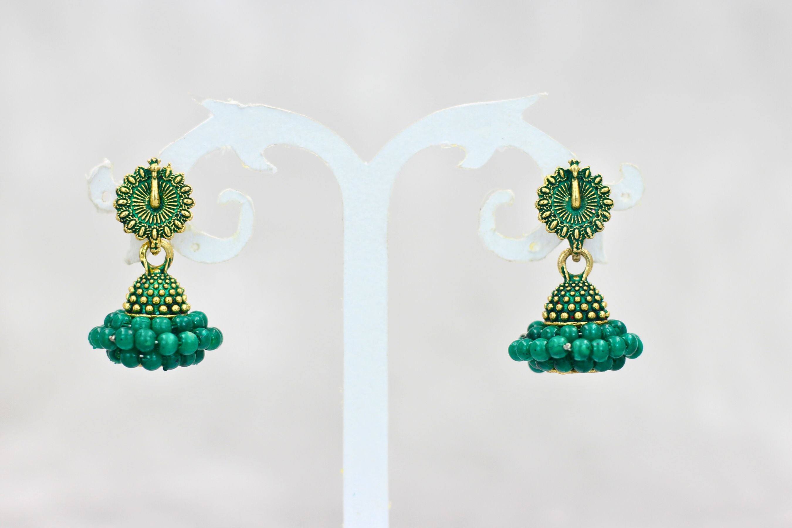 Regal Gold-Plated Oxidized Jhumka Earrings with Pearls - Ethnic Glamour Jewelry JCS Fashions Green 1 inch