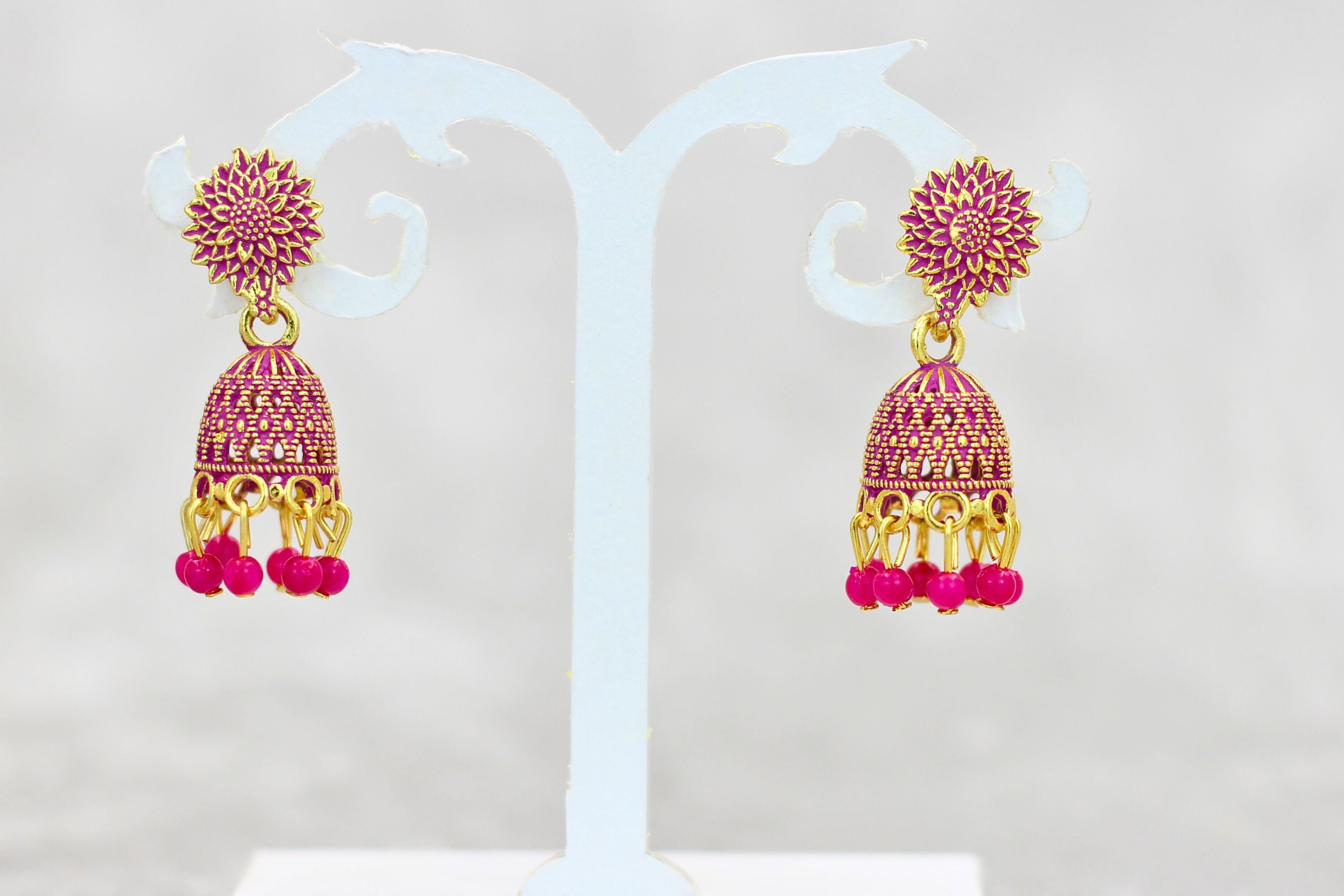 Opulent Gold Plated Jhumkas with Pearls - Durable & Elegant Earrings Jewelry JCS Fashions Pink 1.3 inch