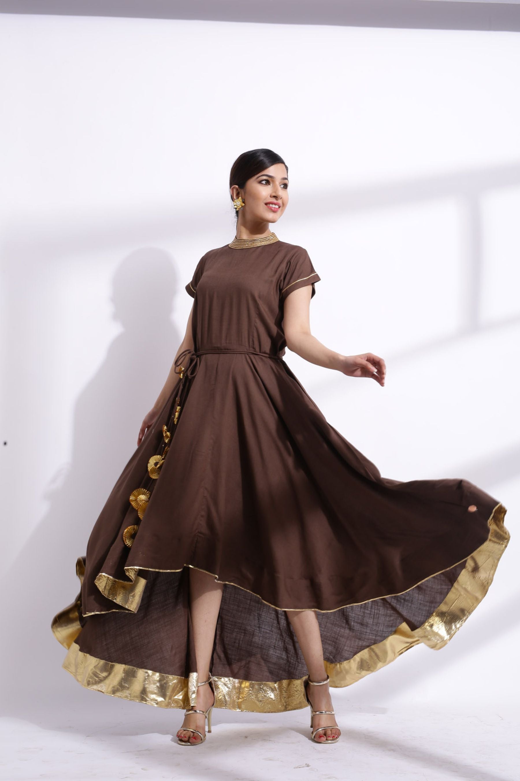 Gota Detailing Fishtail Dress brown solid -JCS Fashions Sustainable JCS Fashions Brown Small (36)