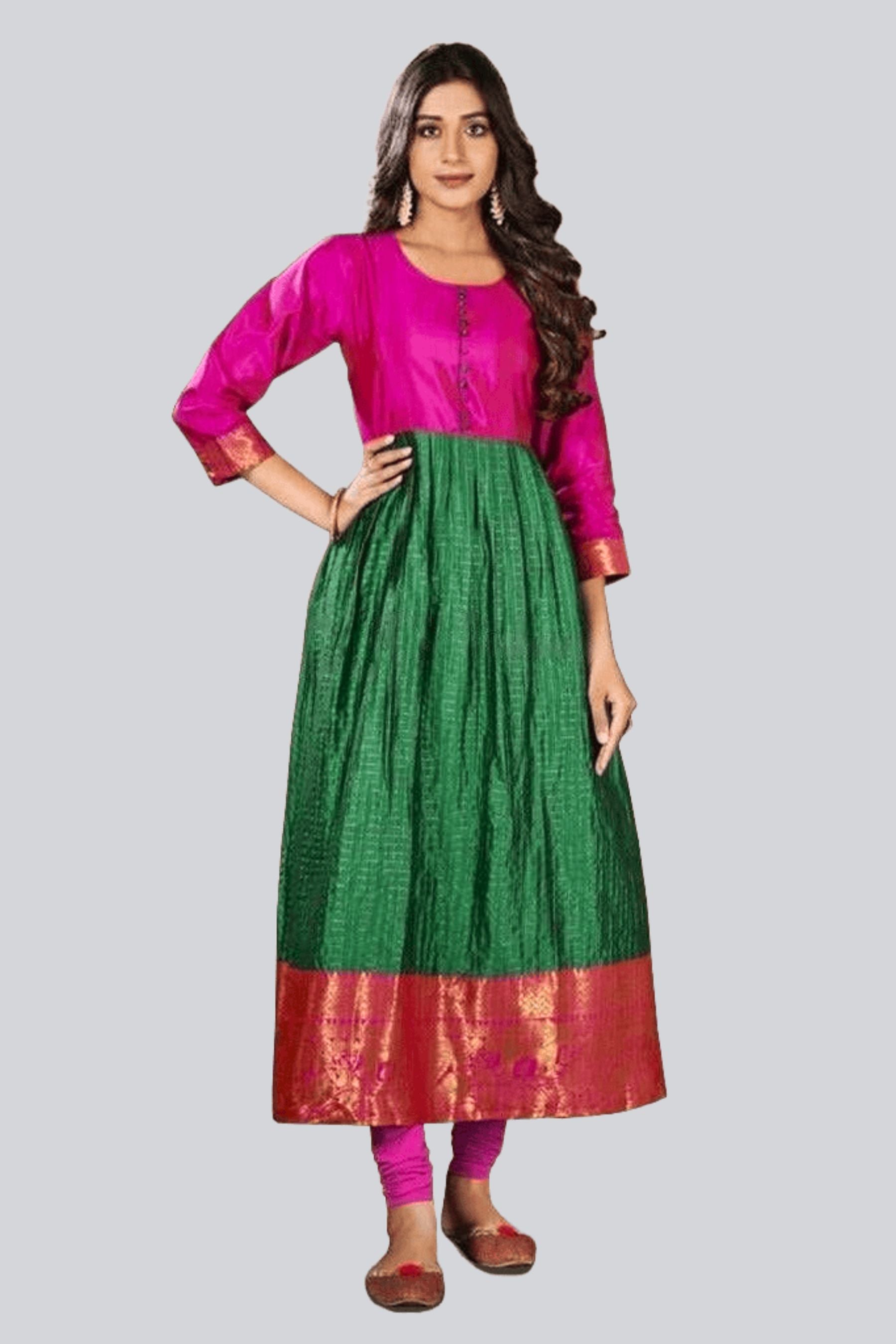 Silk Weaving Kurti with Jacquard Border with Modern Twist Kurti JCS Fashions Pink & Green Medium (38)