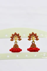 Gold-Plated Oxidised Jhumka Earrings with Faux Pearls & Meenakari Accent