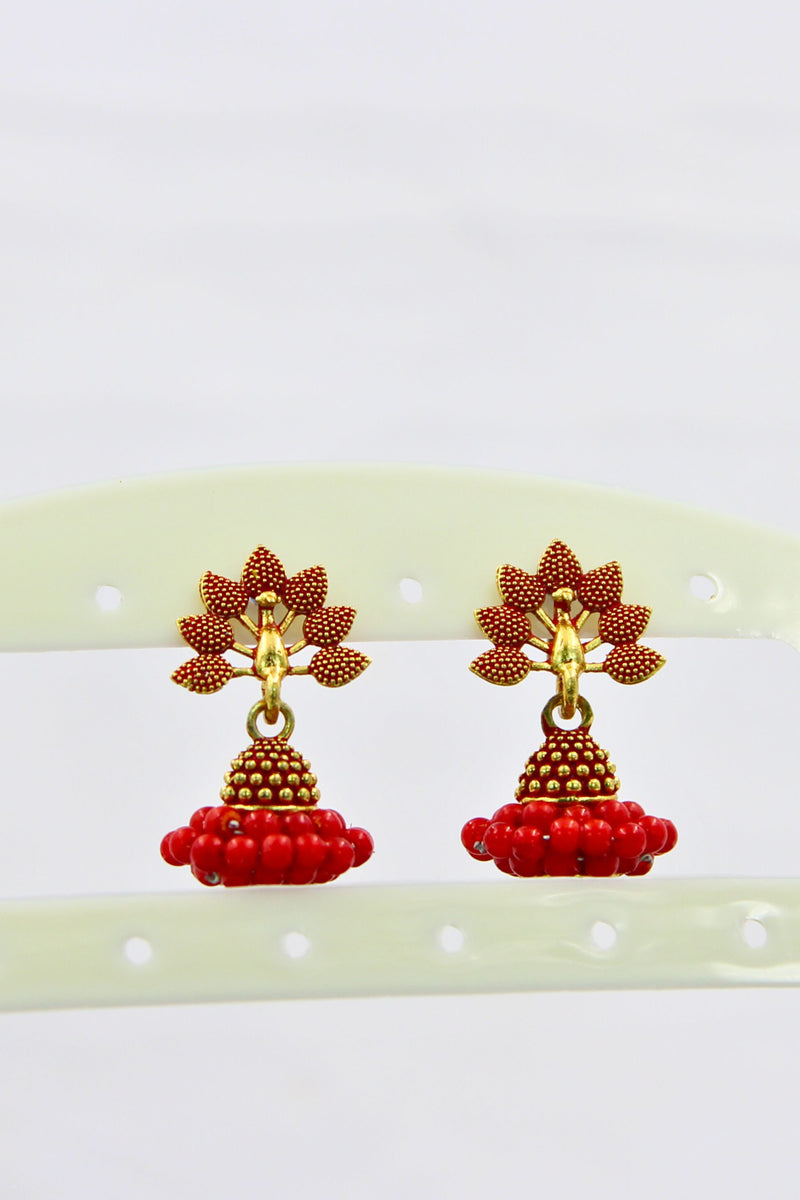 Gold-Plated Oxidised Jhumka Earrings with Faux Pearls & Meenakari Accent