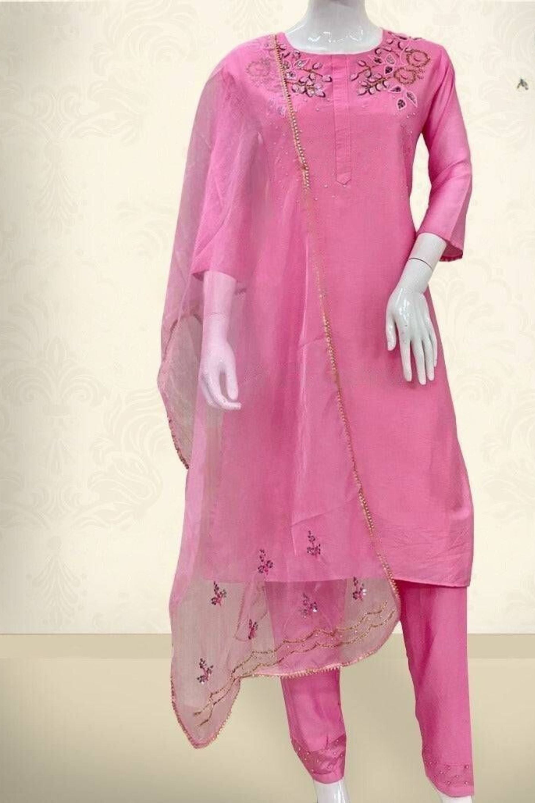 Zardosi-Pearl Art Silk Festive Suit & Embellished Organza Dupatta Set