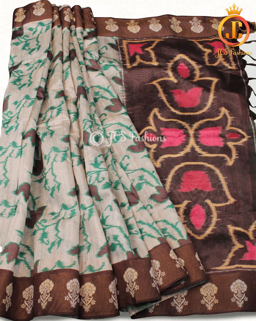 Chanderi silk saree with glamorous pochampally Ikkat prints SAREE JCS Fashions Half white + Brown 5.5 meters