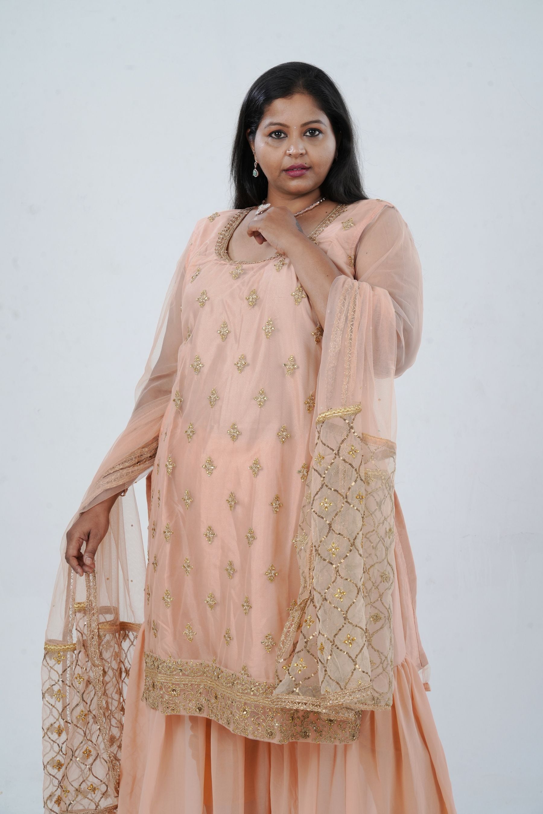 Plus Size: Ethnic Elegance: Soft Net Sharara in Peach KURTI JCS Fashions