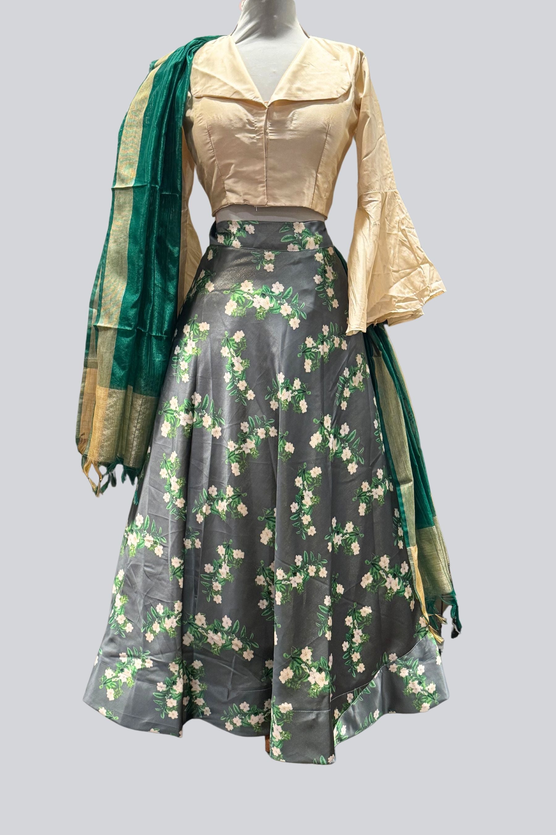 Beautiful Printed Taffeta Silk Lehenga with Crop top| Printed Design Lehenga JCS Fashions Green Medium (38)